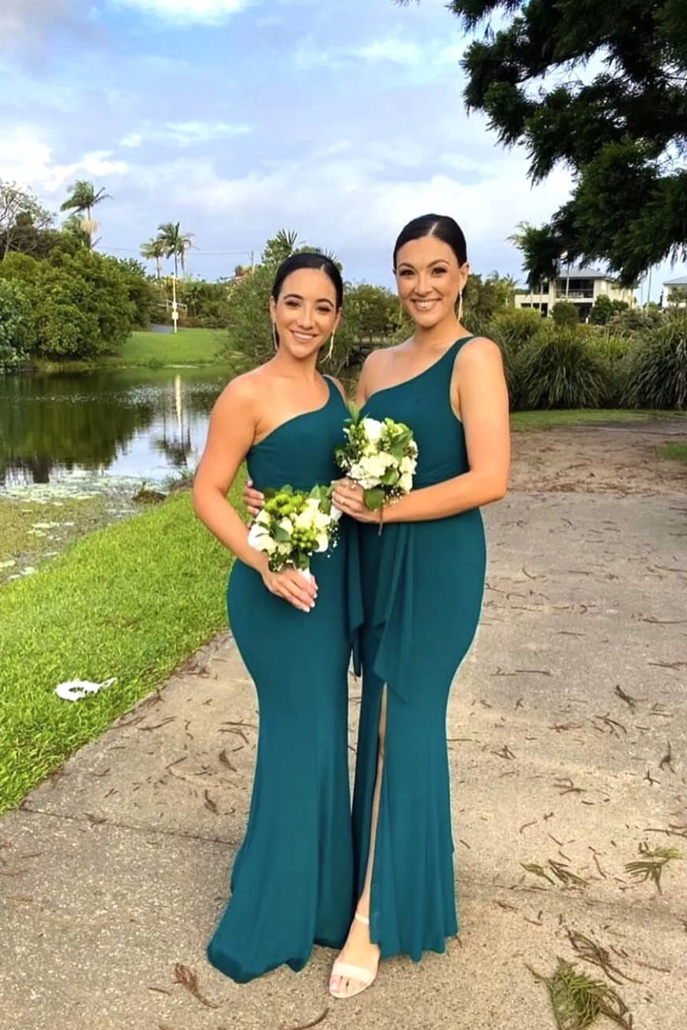 Women Hot Pink Dresses | One Shoulder Dresses>ABIGAIL One Shoulder Maxi Column Dress - Dark Green