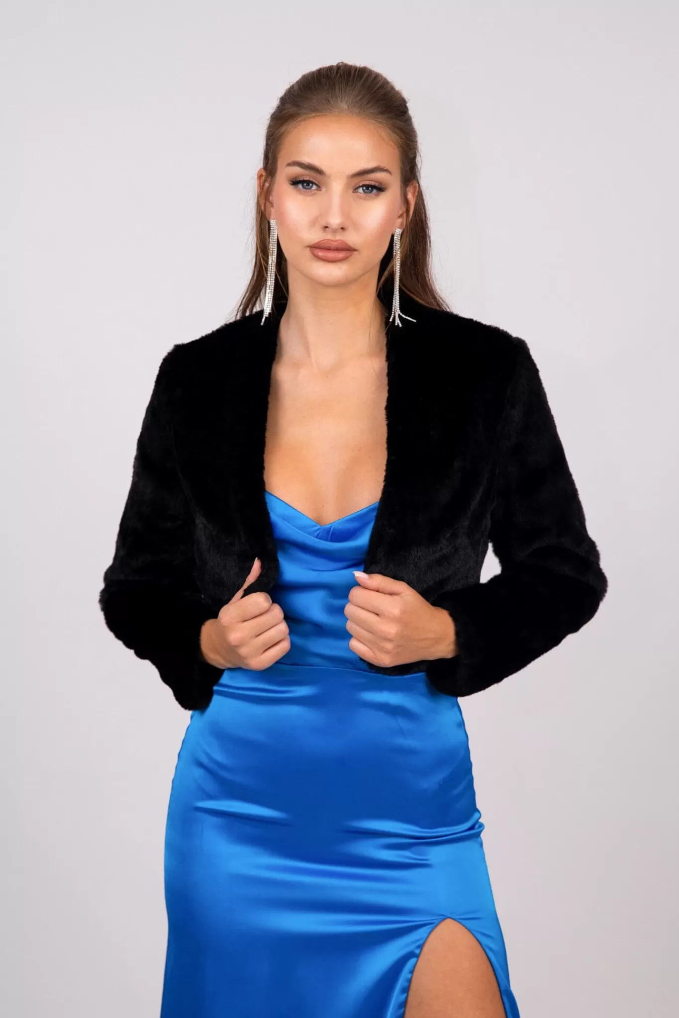 Women Hot Pink Black Tie Dresses | Outerwear>Adrianna Faux Fur Jacket - Black