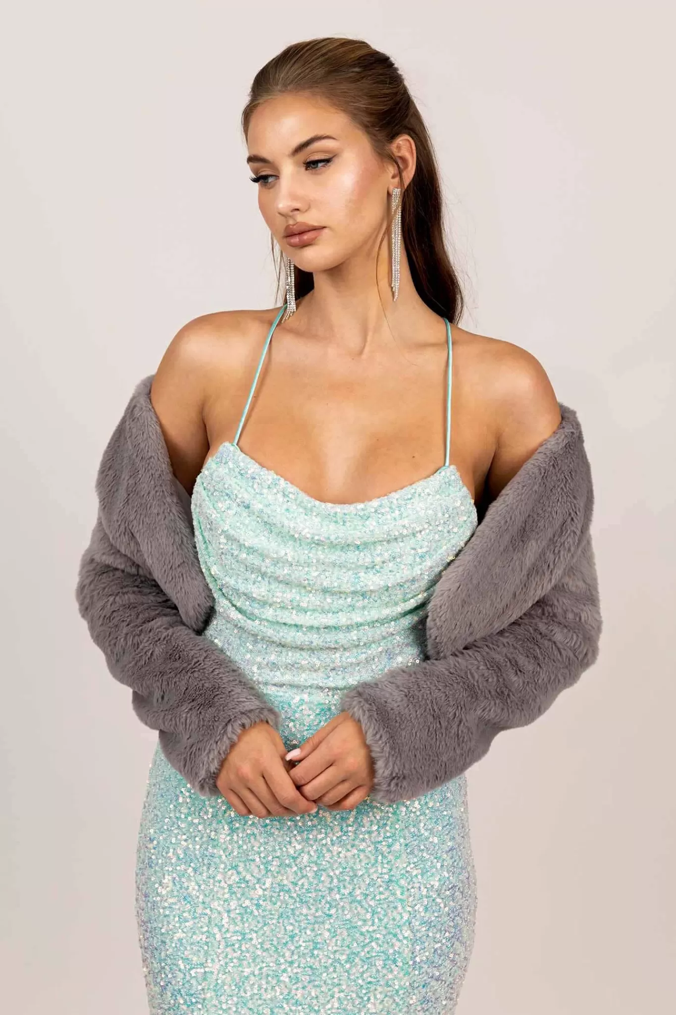 Women Hot Pink Black Tie Dresses | Outerwear>Adrianna Faux Fur Jacket - Grey