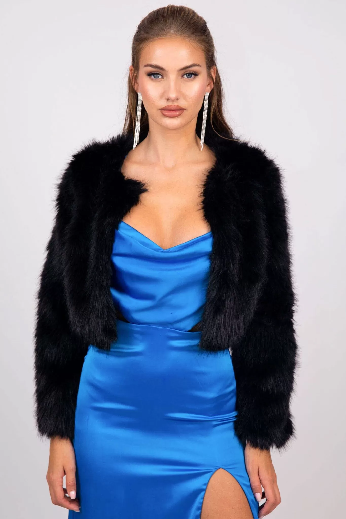 Women Hot Pink Black Tie Dresses | Outerwear>Alessia Shaggy Faux Fur Jacket - Black