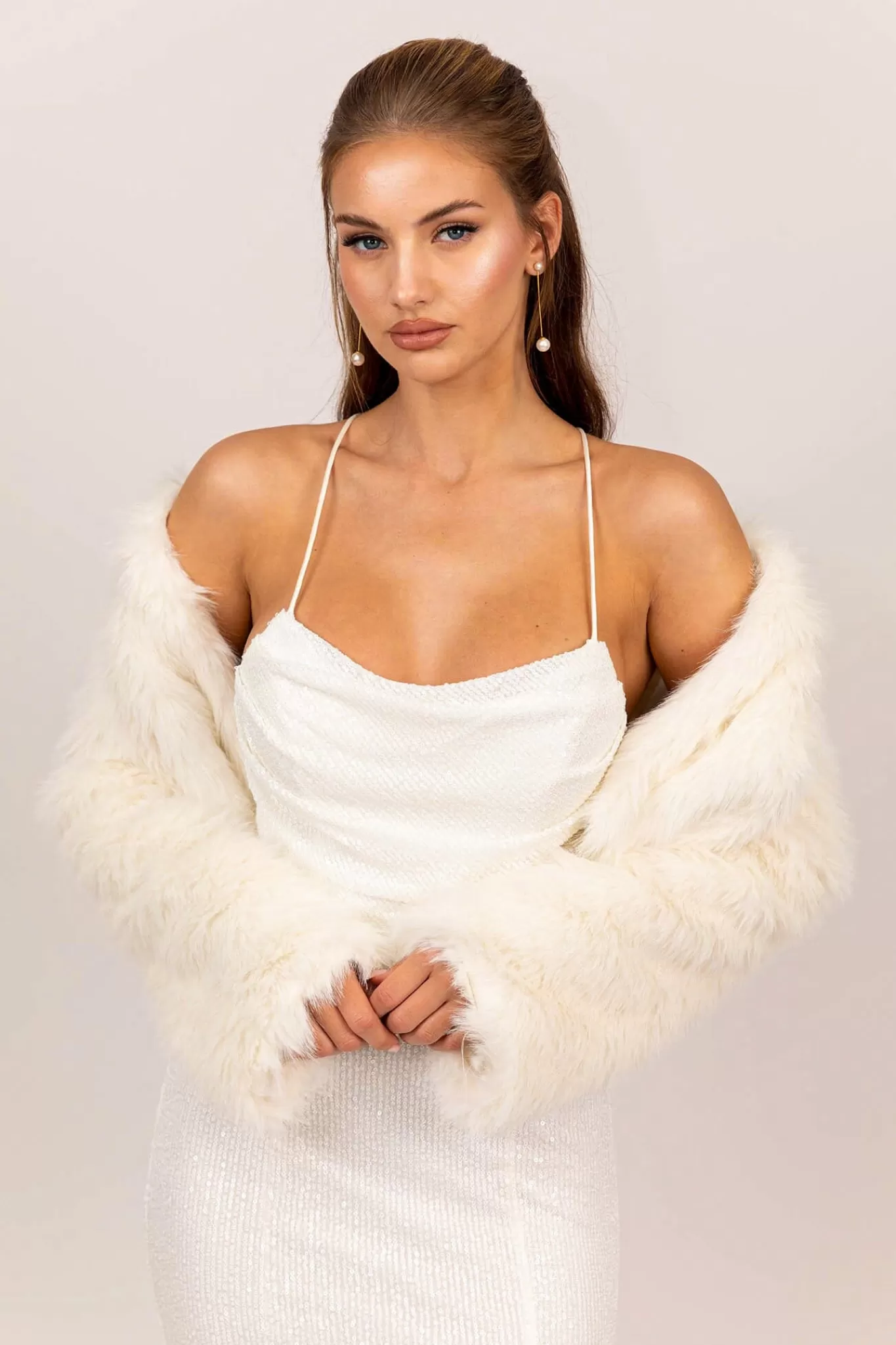 Women Hot Pink Black Tie Dresses | Outerwear>Alessia Shaggy Faux Fur Jacket - White