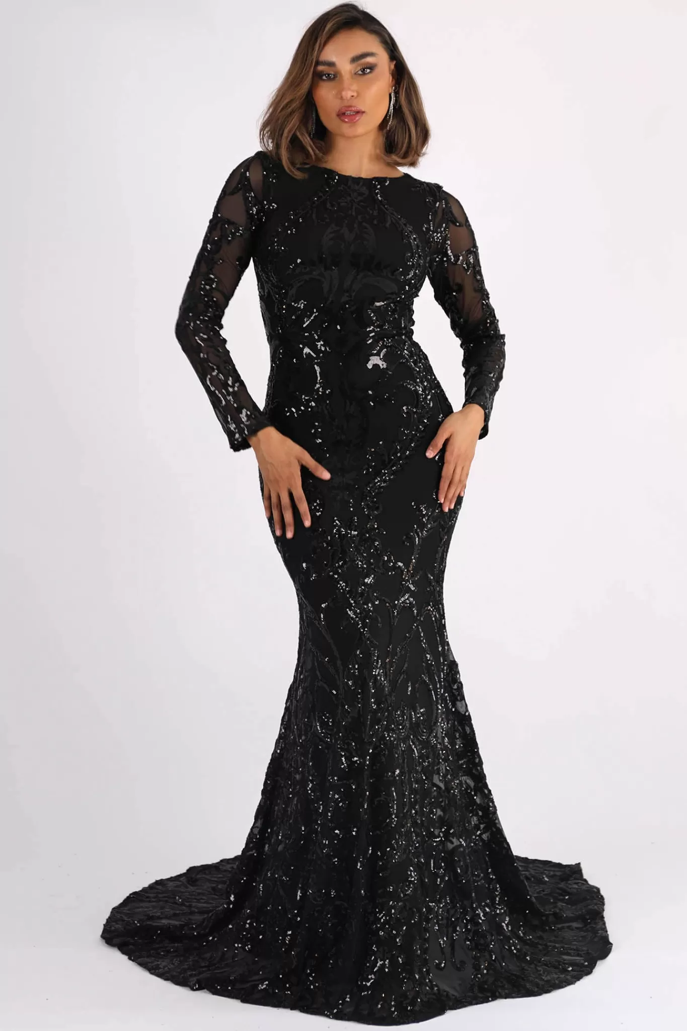 Women NBLUXE Dresses | Black Tie Dresses>AMANI Long Sleeve Sequin Gown - Black