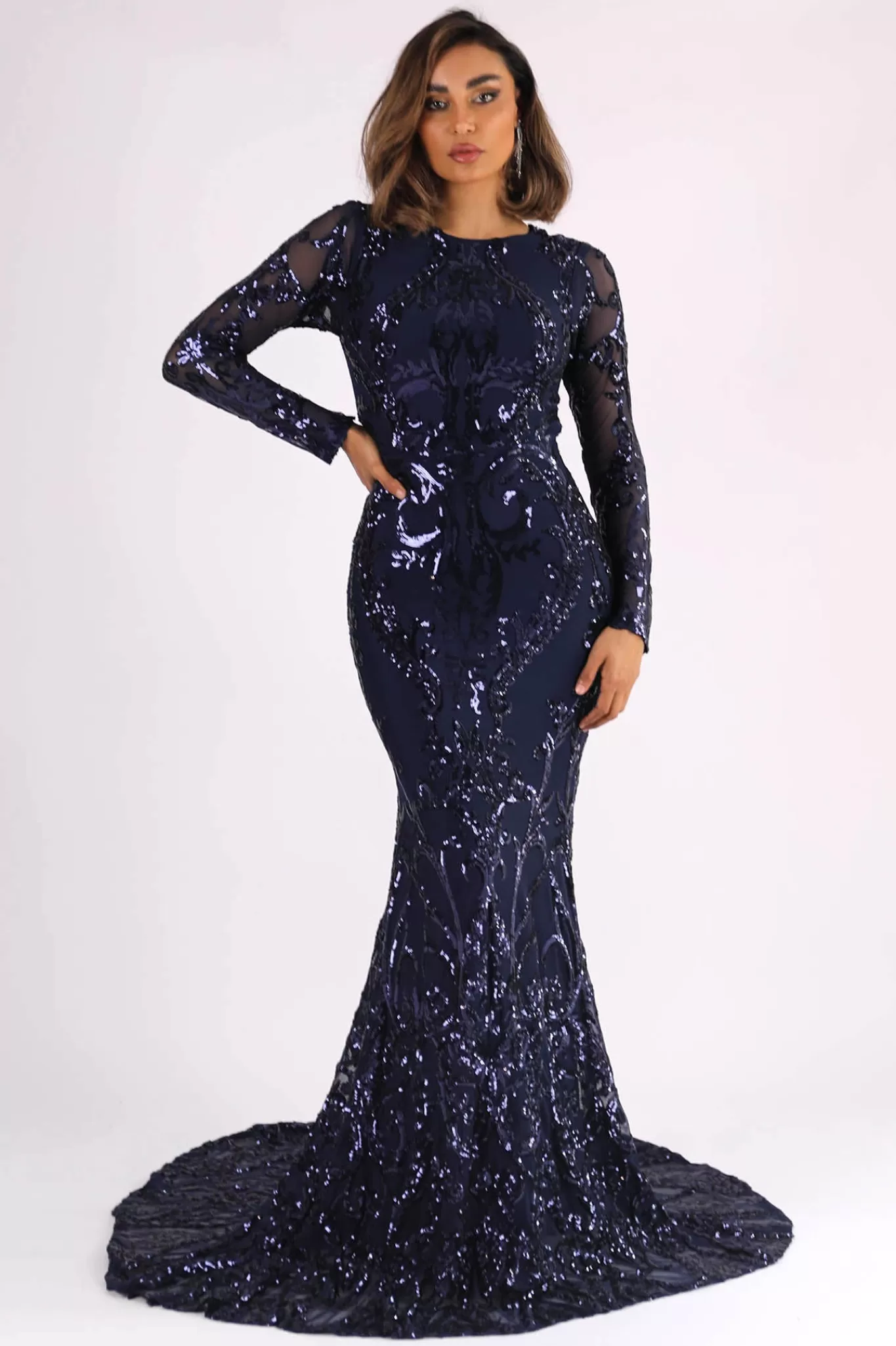 Women NBLUXE Dresses | Black Tie Dresses>AMANI Long Sleeve Sequin Gown - Navy