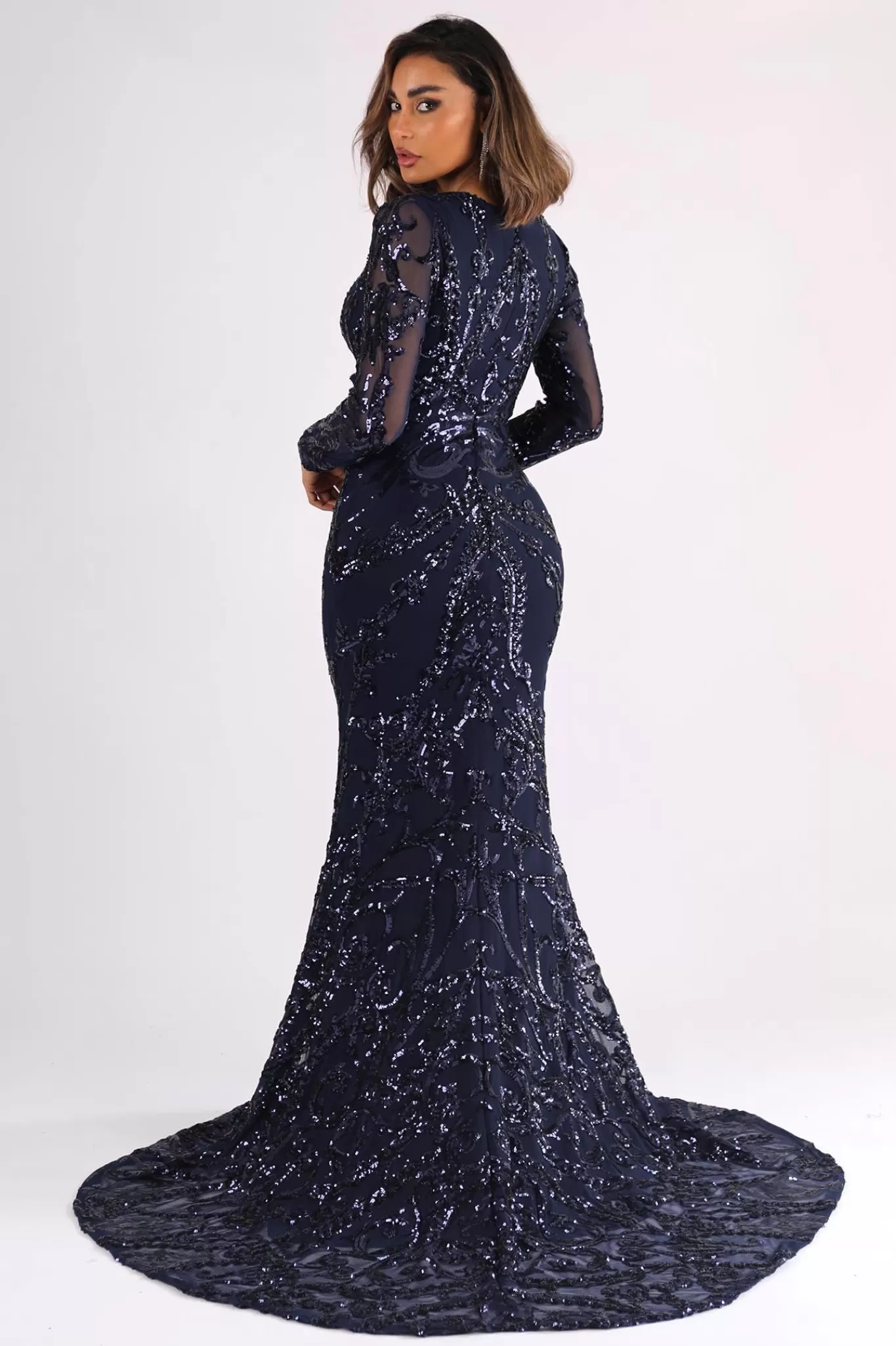 Women NBLUXE Dresses | Black Tie Dresses>AMANI Long Sleeve Sequin Gown - Navy