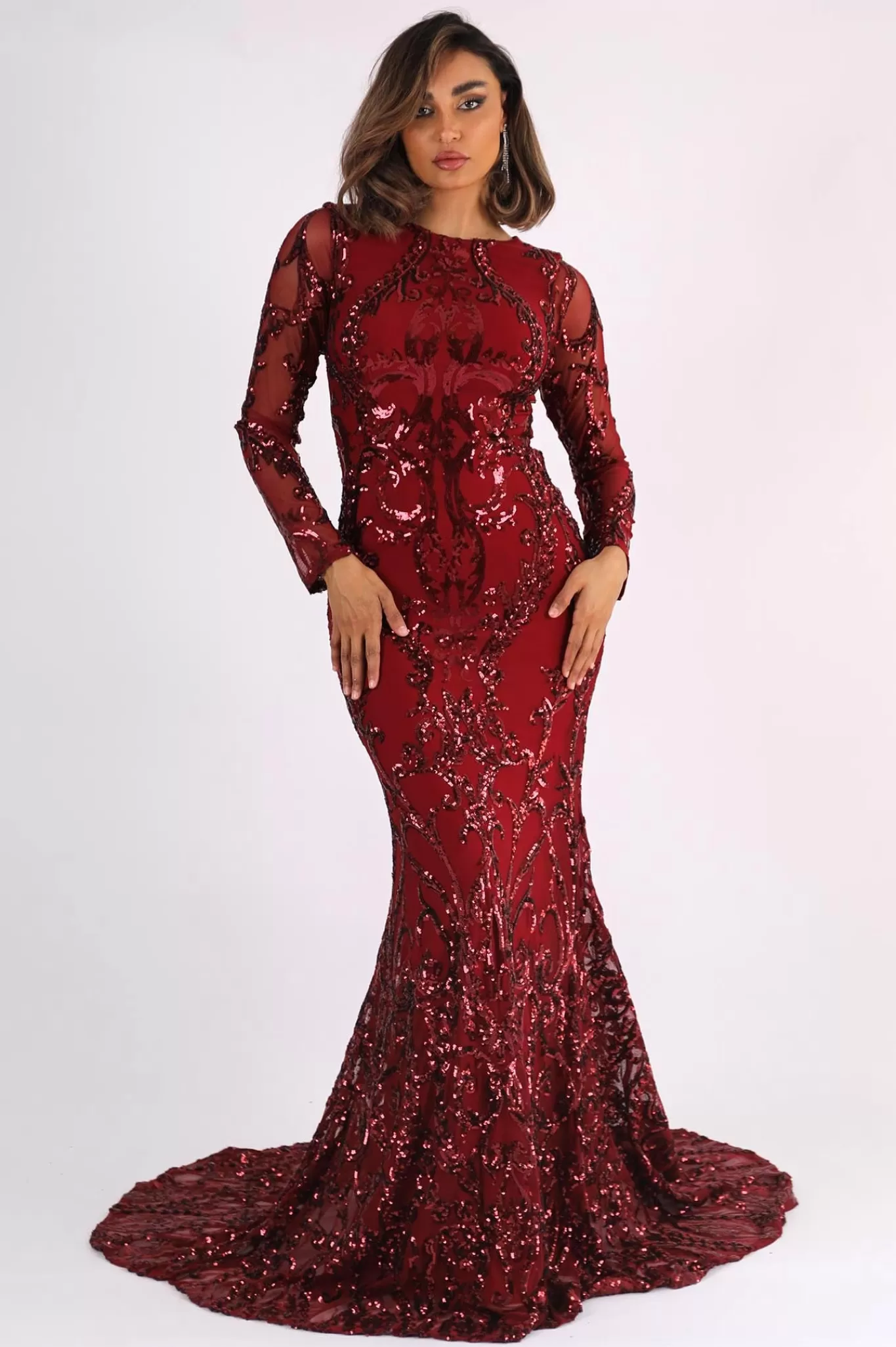 Women NBLUXE Dresses | Black Tie Dresses>AMANI Long Sleeve Sequin Gown - Wine