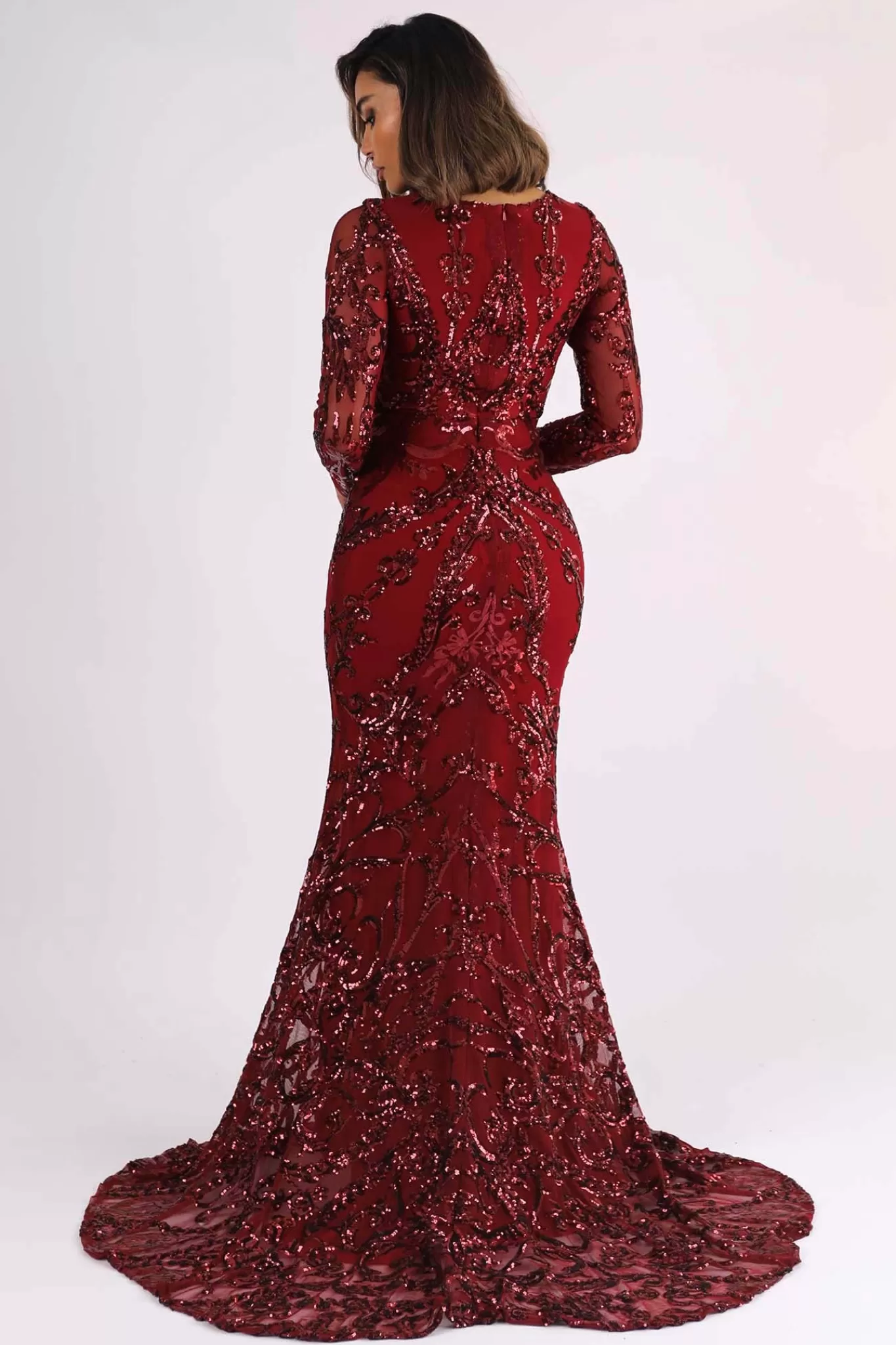 Women NBLUXE Dresses | Black Tie Dresses>AMANI Long Sleeve Sequin Gown - Wine