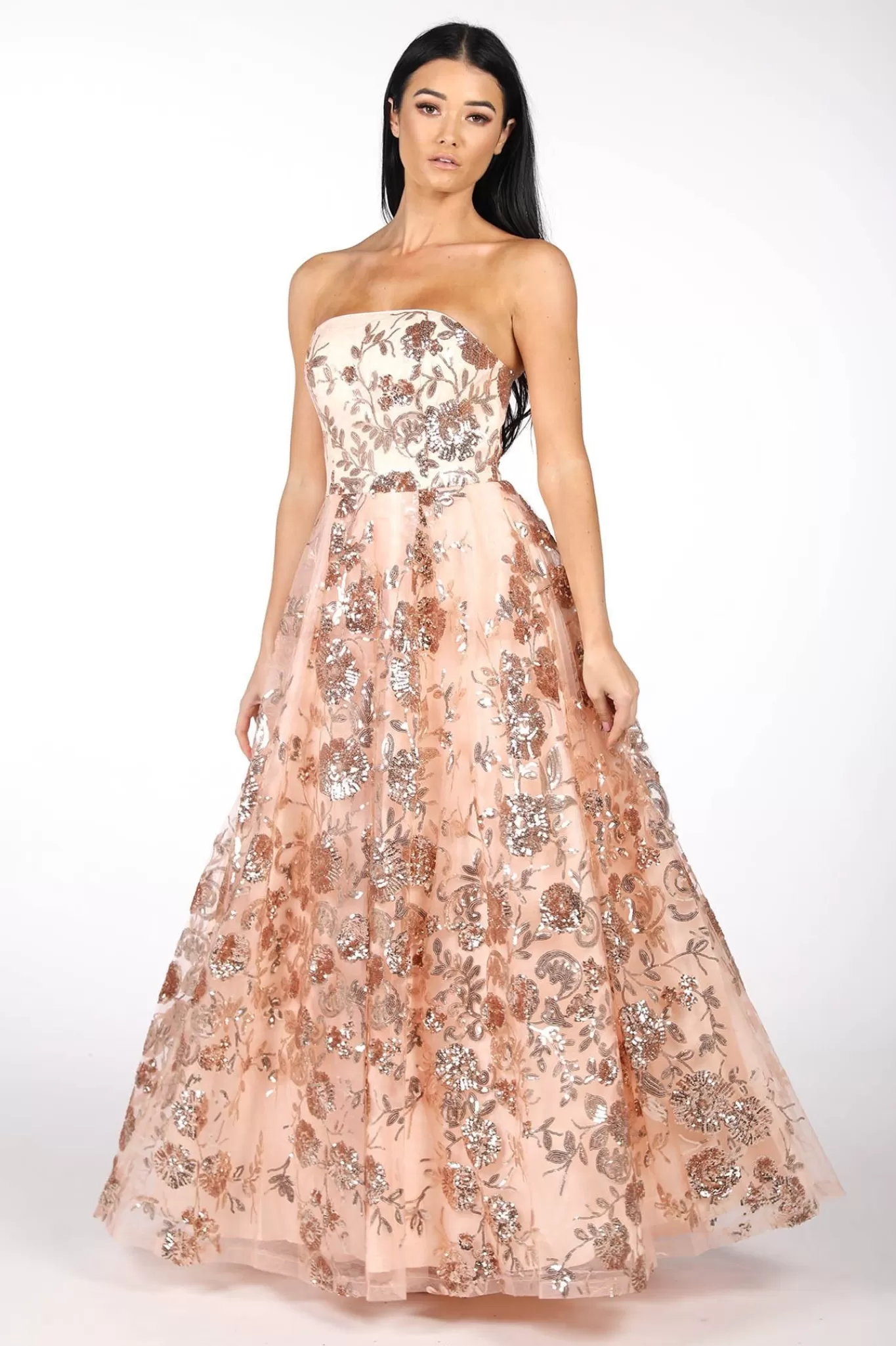 Women Hot Pink Dresses | Black Tie Dresses>AMAYA Strapless Sequin Ball Gown - Rose Gold