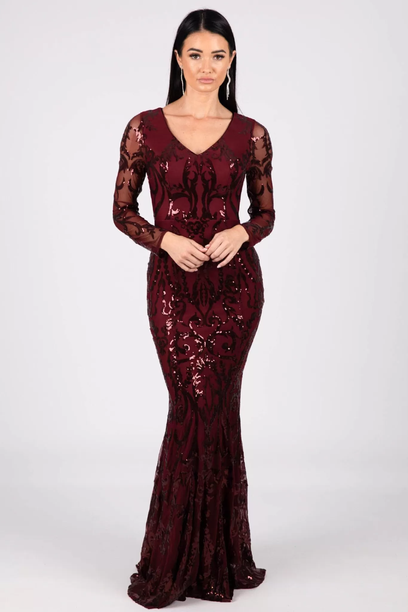 Women Hot Pink Dresses | Black Tie Dresses>Amelia Long-Sleeve Pattern Sequin Gown - Burgundy