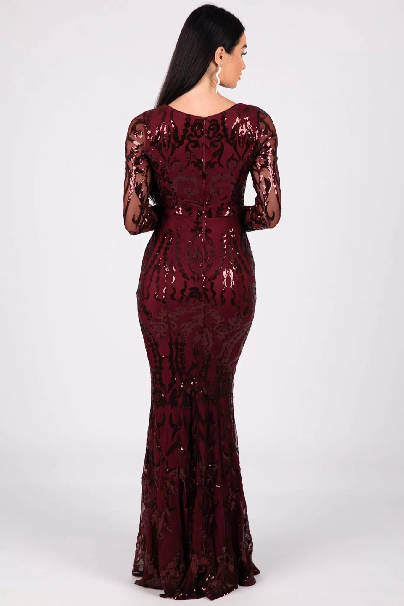 Women Hot Pink Dresses | Black Tie Dresses>Amelia Long-Sleeve Pattern Sequin Gown - Burgundy