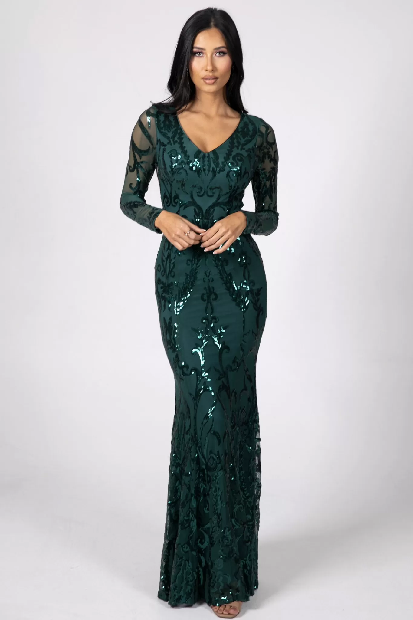 Women Hot Pink Dresses | Black Tie Dresses>Amelia Long-Sleeve Pattern Sequin Gown - Emerald