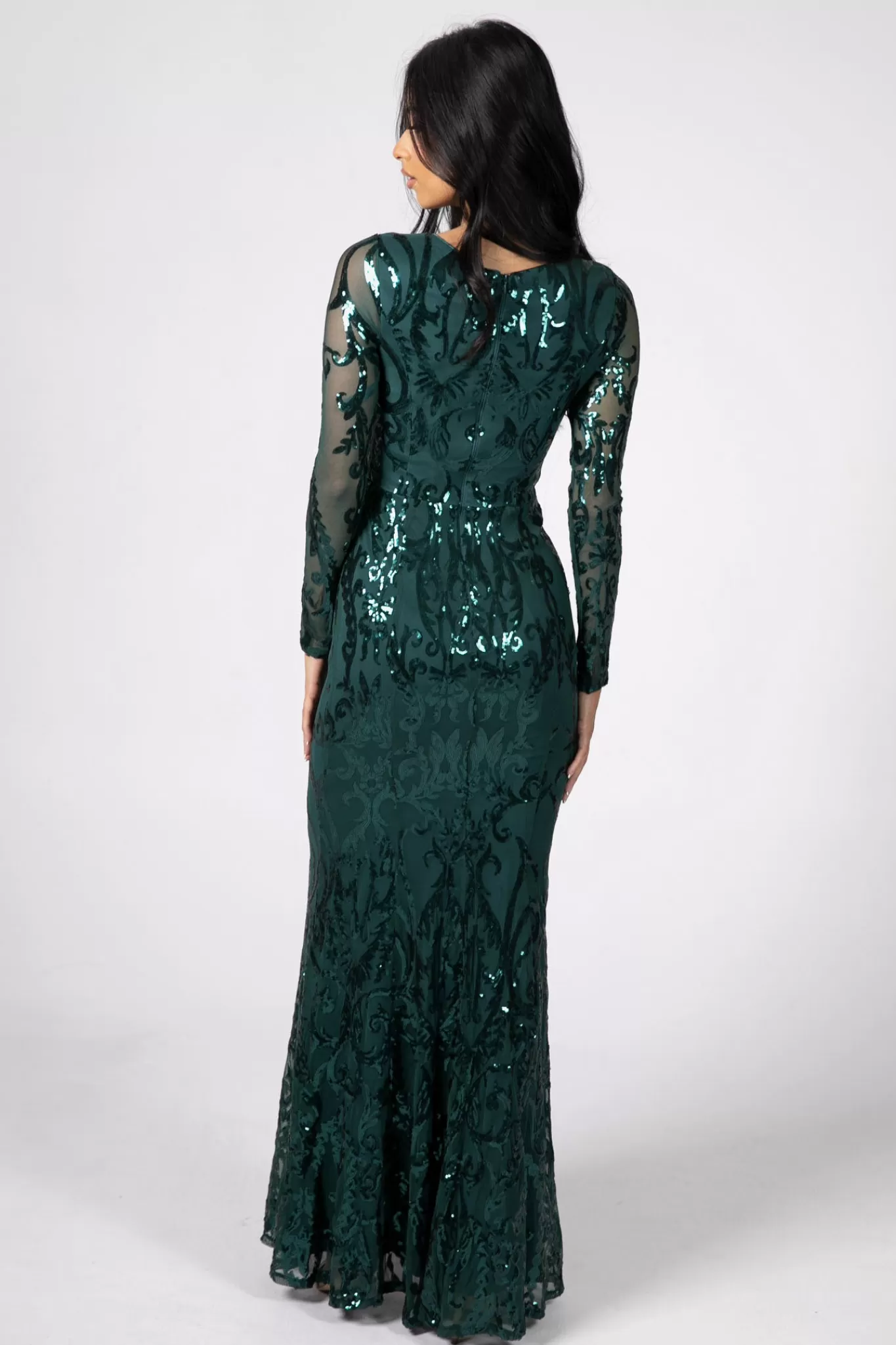 Women Hot Pink Dresses | Black Tie Dresses>Amelia Long-Sleeve Pattern Sequin Gown - Emerald