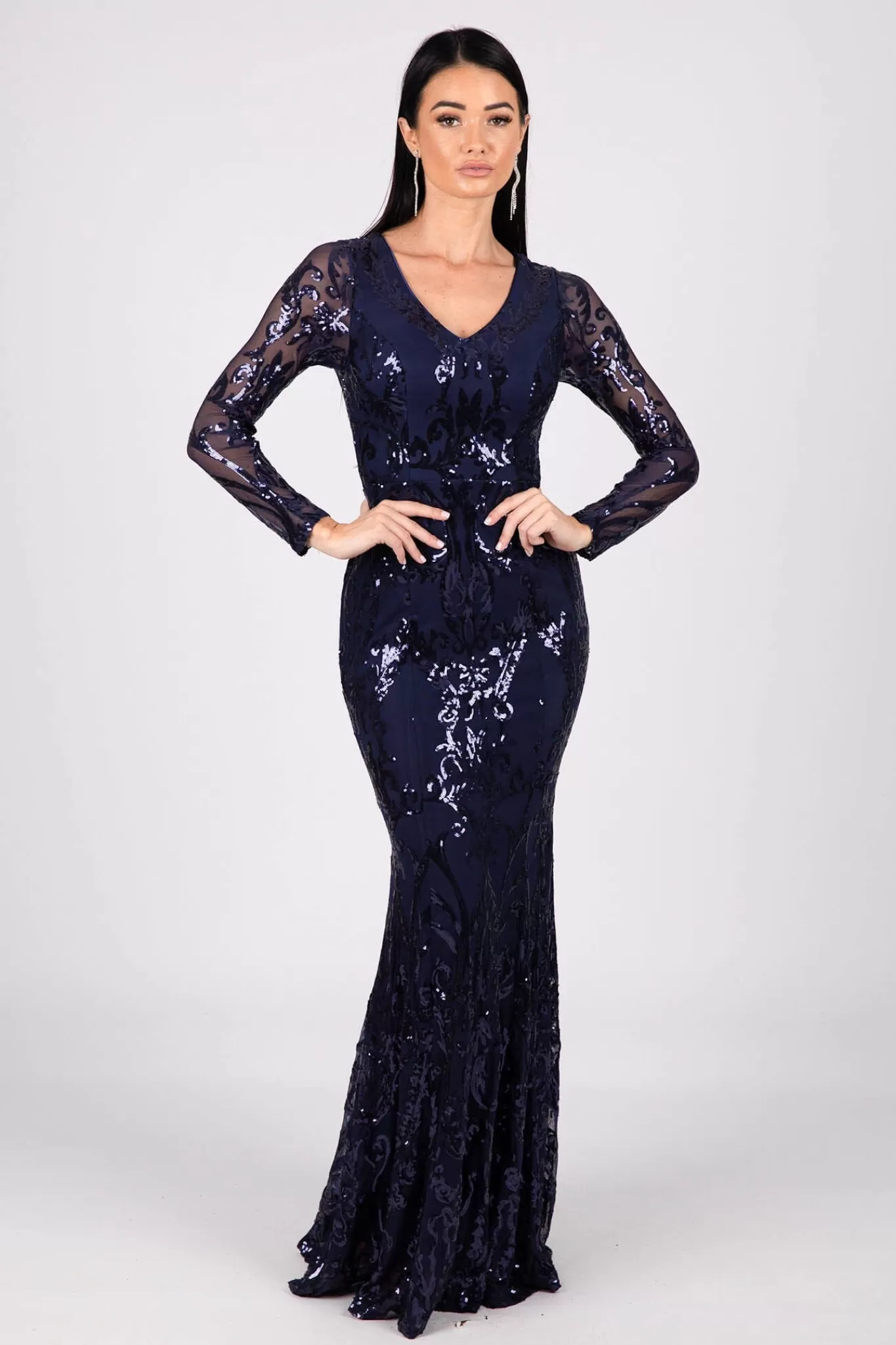 Women Hot Pink Dresses | Black Tie Dresses>Amelia Long-Sleeve Pattern Sequin Gown - Navy