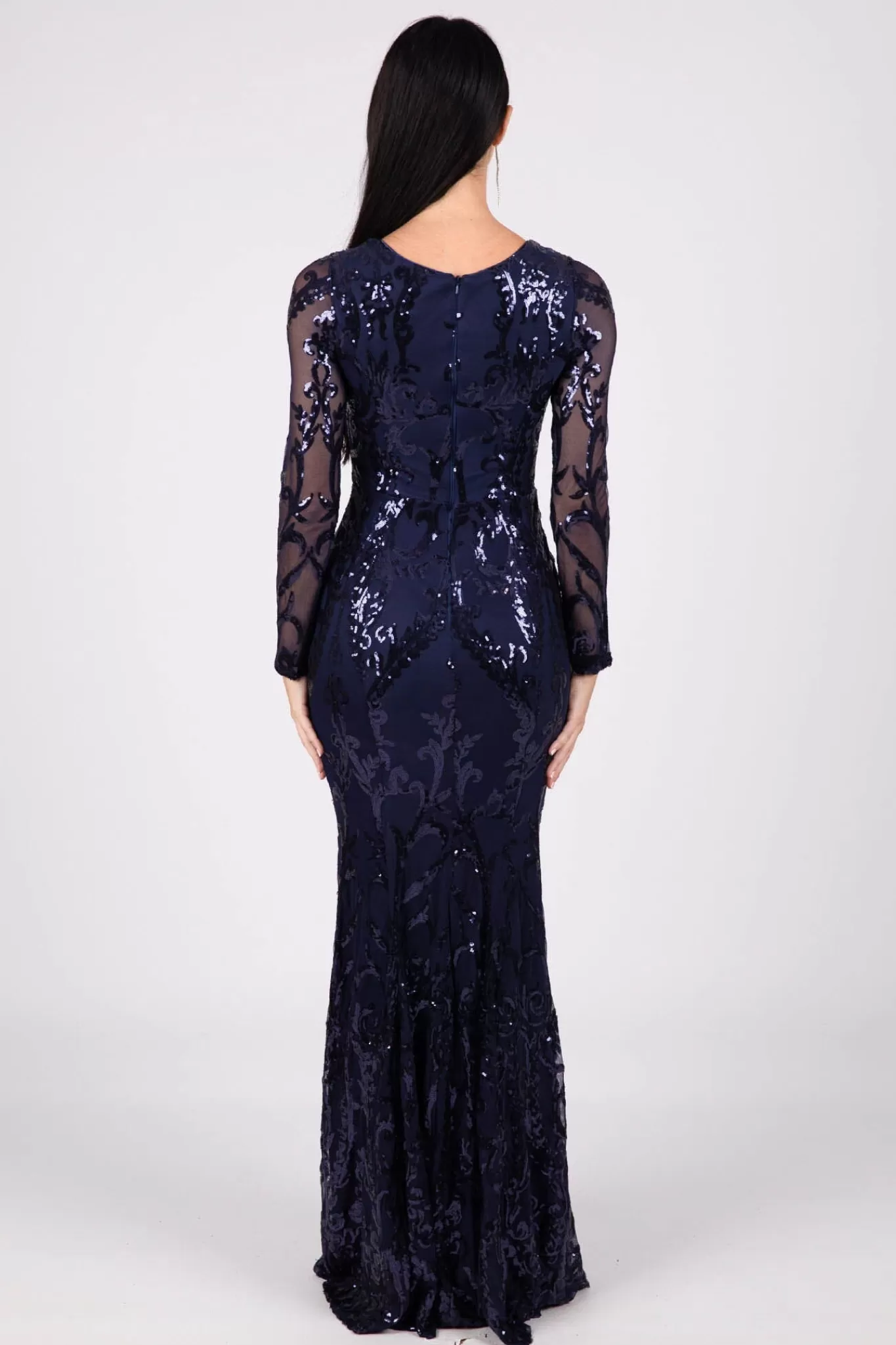 Women Hot Pink Dresses | Black Tie Dresses>Amelia Long-Sleeve Pattern Sequin Gown - Navy