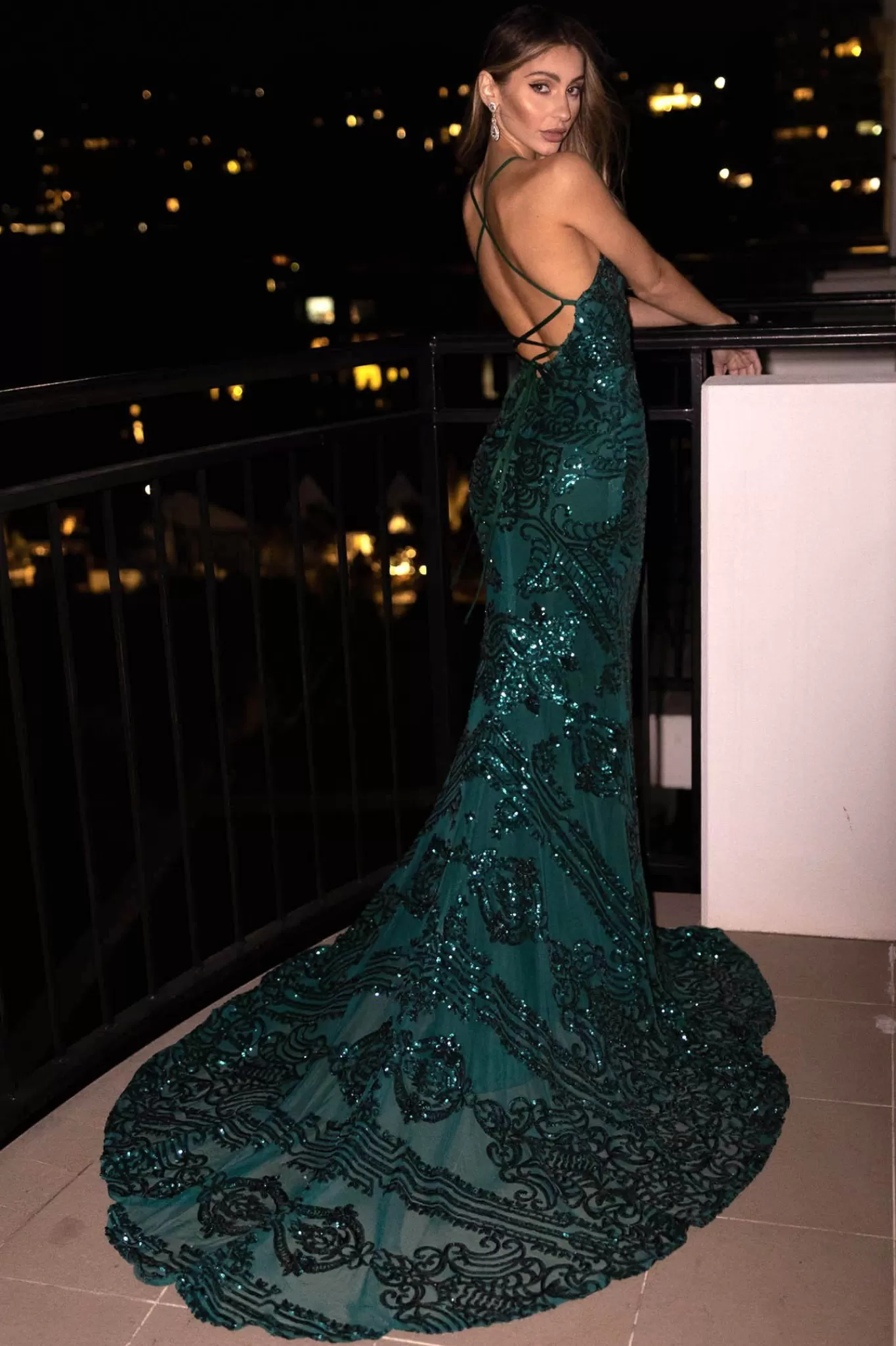 Women NBLUXE Dresses | Backless Dresses>AMIYA Lace Up Back Pattern Sequin Gown - Emerald