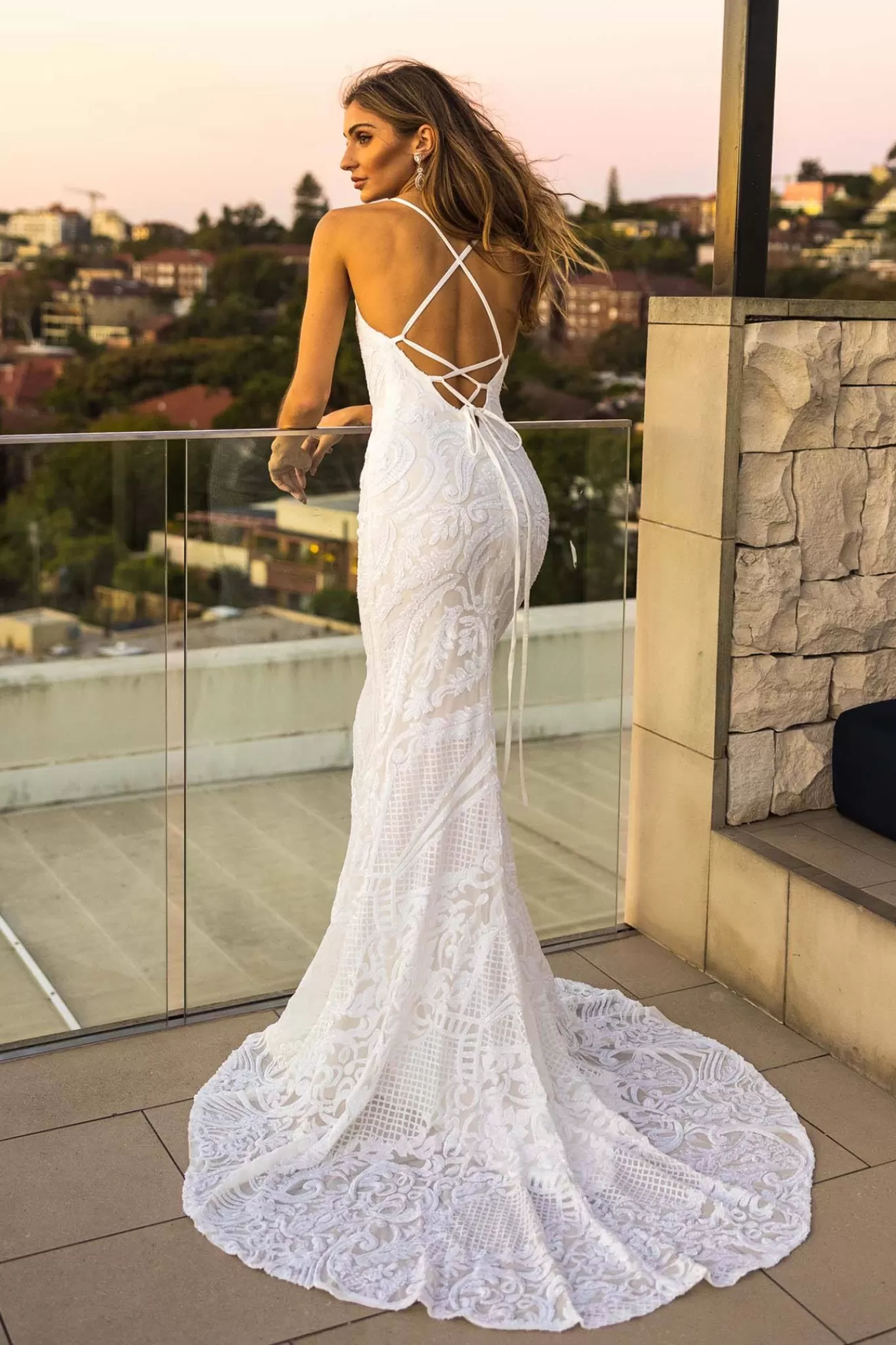 Women NBLUXE Dresses | Backless Dresses>AMIYA Lace Up Back Pattern Sequin Gown - White