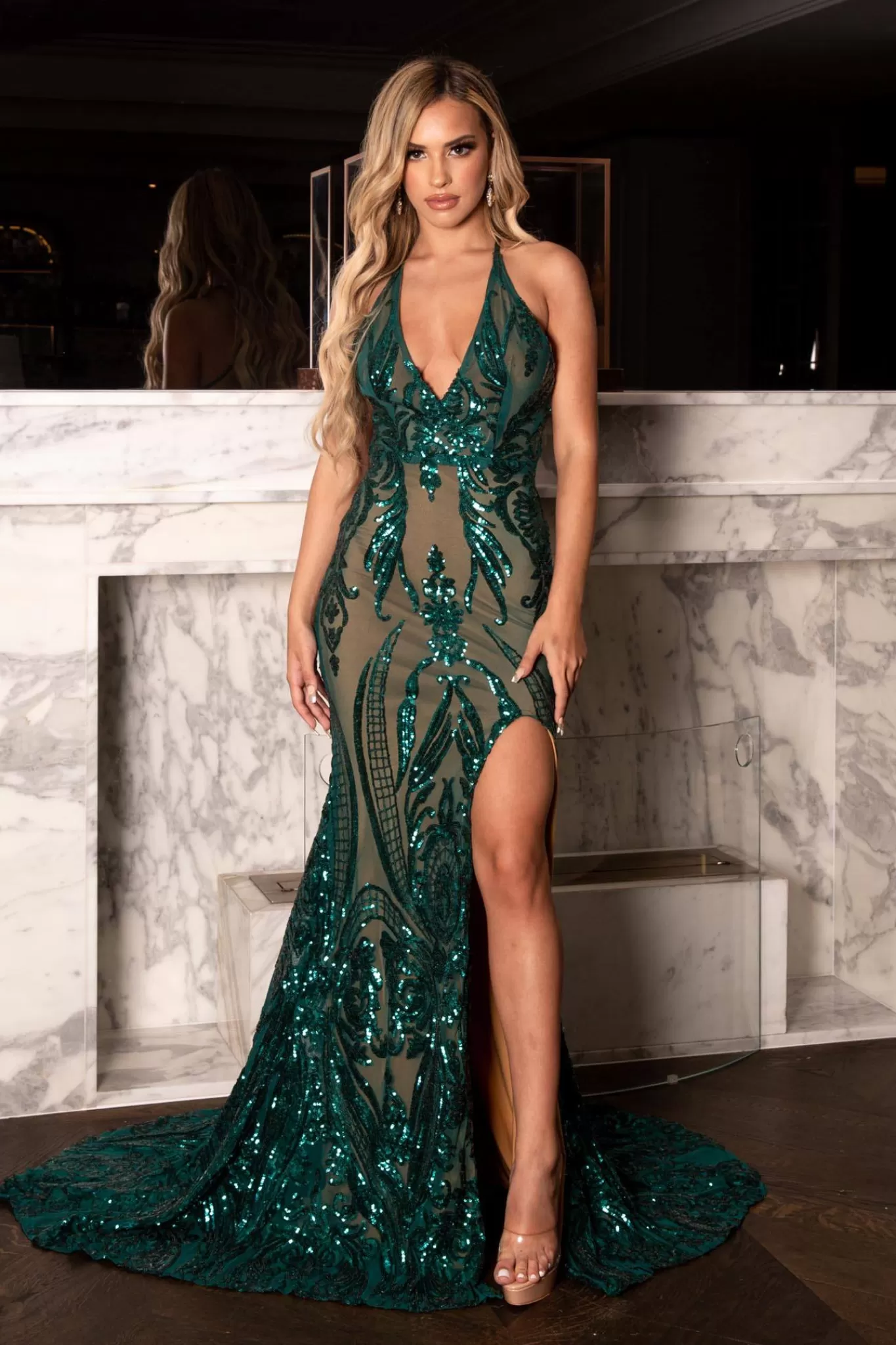 Women NBLUXE Dresses | Backless Dresses>Ariella Side Slit Pattern Sequin Gown - Emerald/Nude