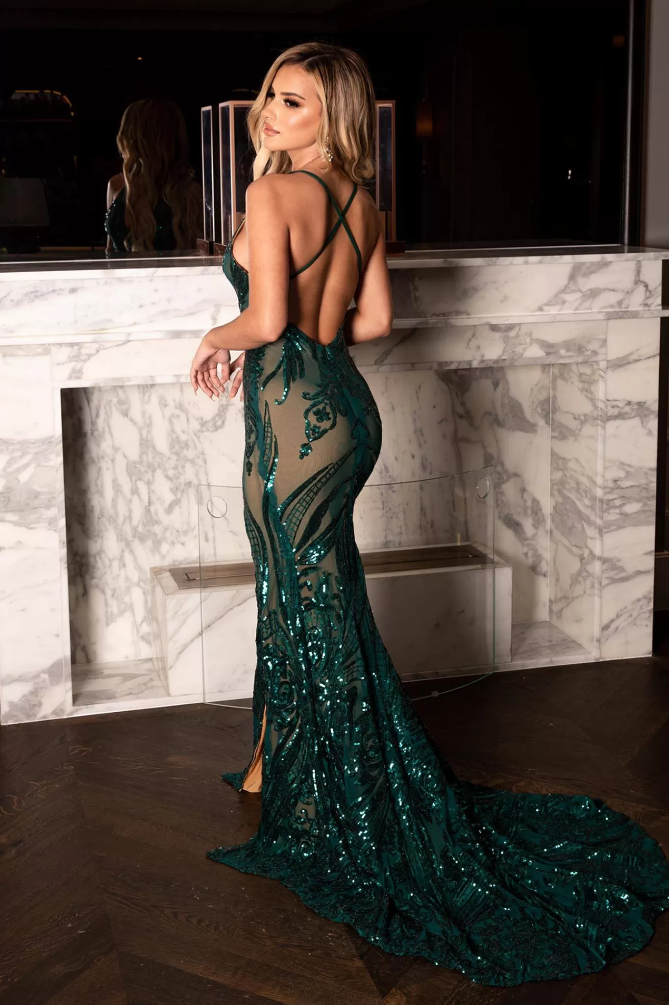 Women NBLUXE Dresses | Backless Dresses>Ariella Side Slit Pattern Sequin Gown - Emerald/Nude