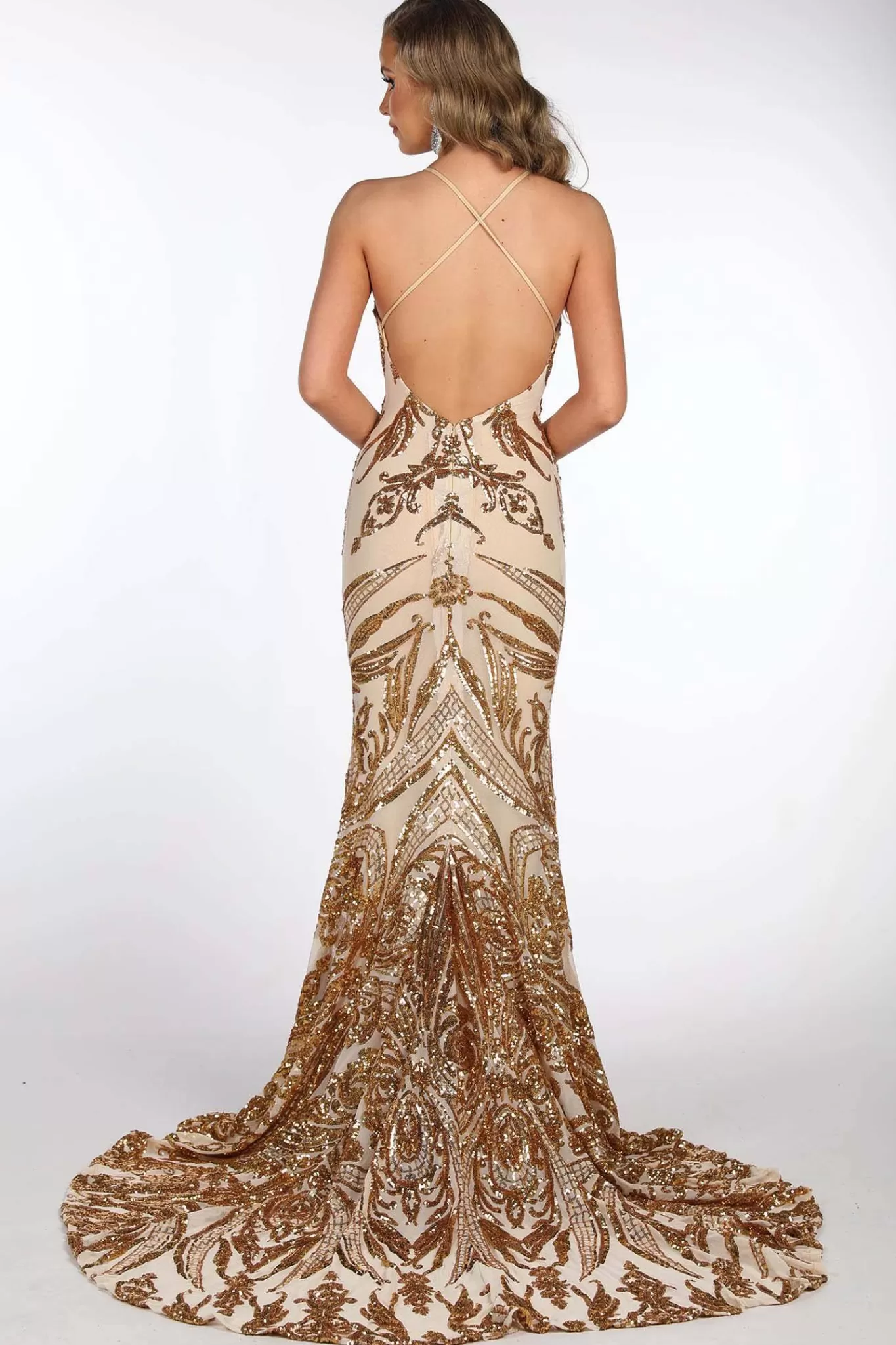 Women NBLUXE Dresses | Backless Dresses>Ariella Side Slit Pattern Sequin Gown - Gold