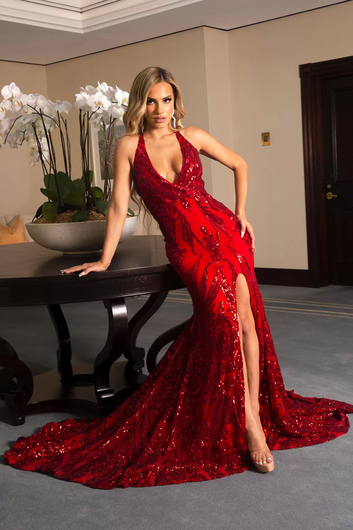 Women NBLUXE Dresses | Black Tie Dresses>Ariella Side Slit Pattern Sequin Gown - Red