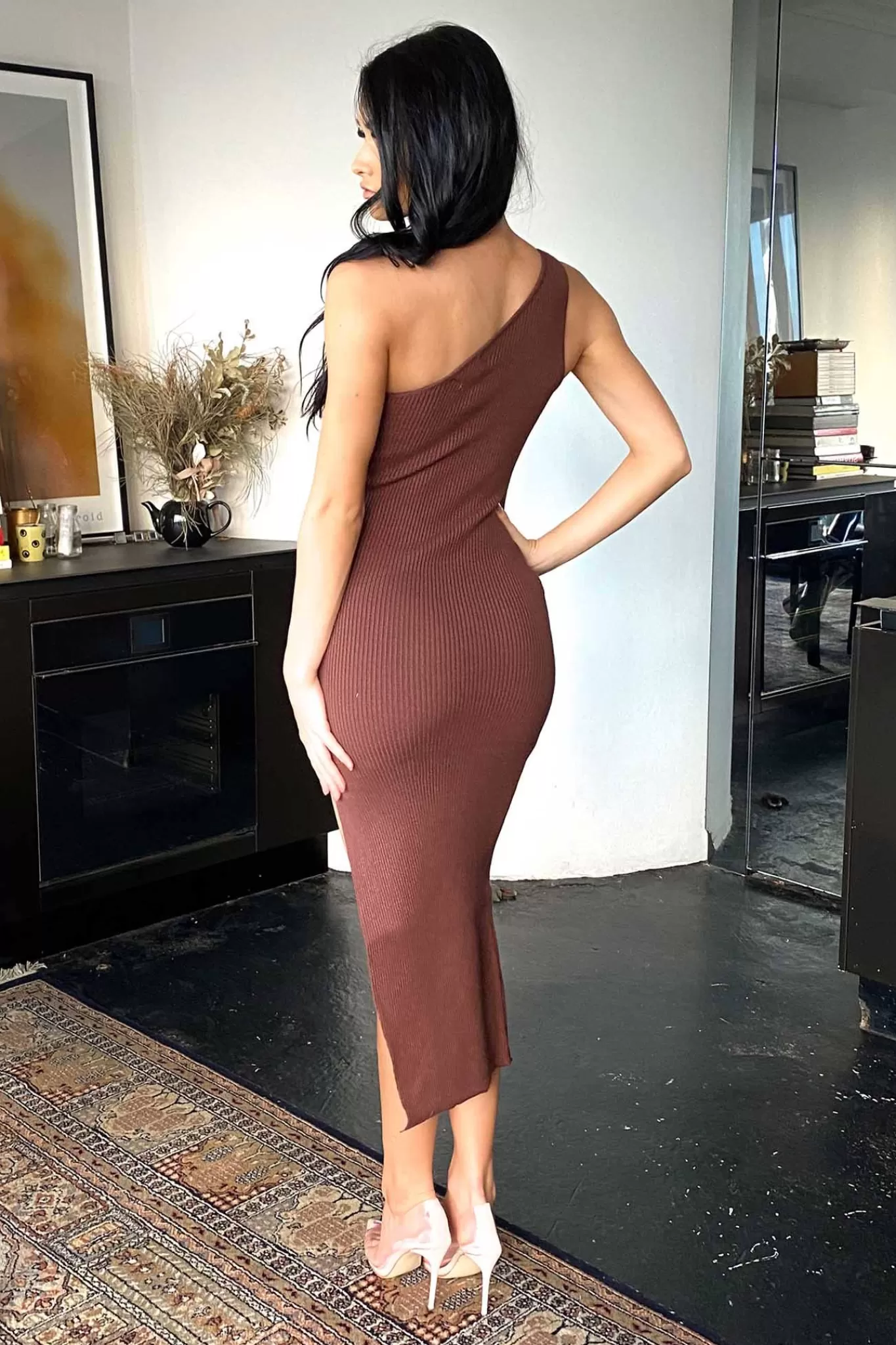 Women Style State Dresses | Spring Racing Dresses>Arya One Shoulder Knit Midi Dress - Brown