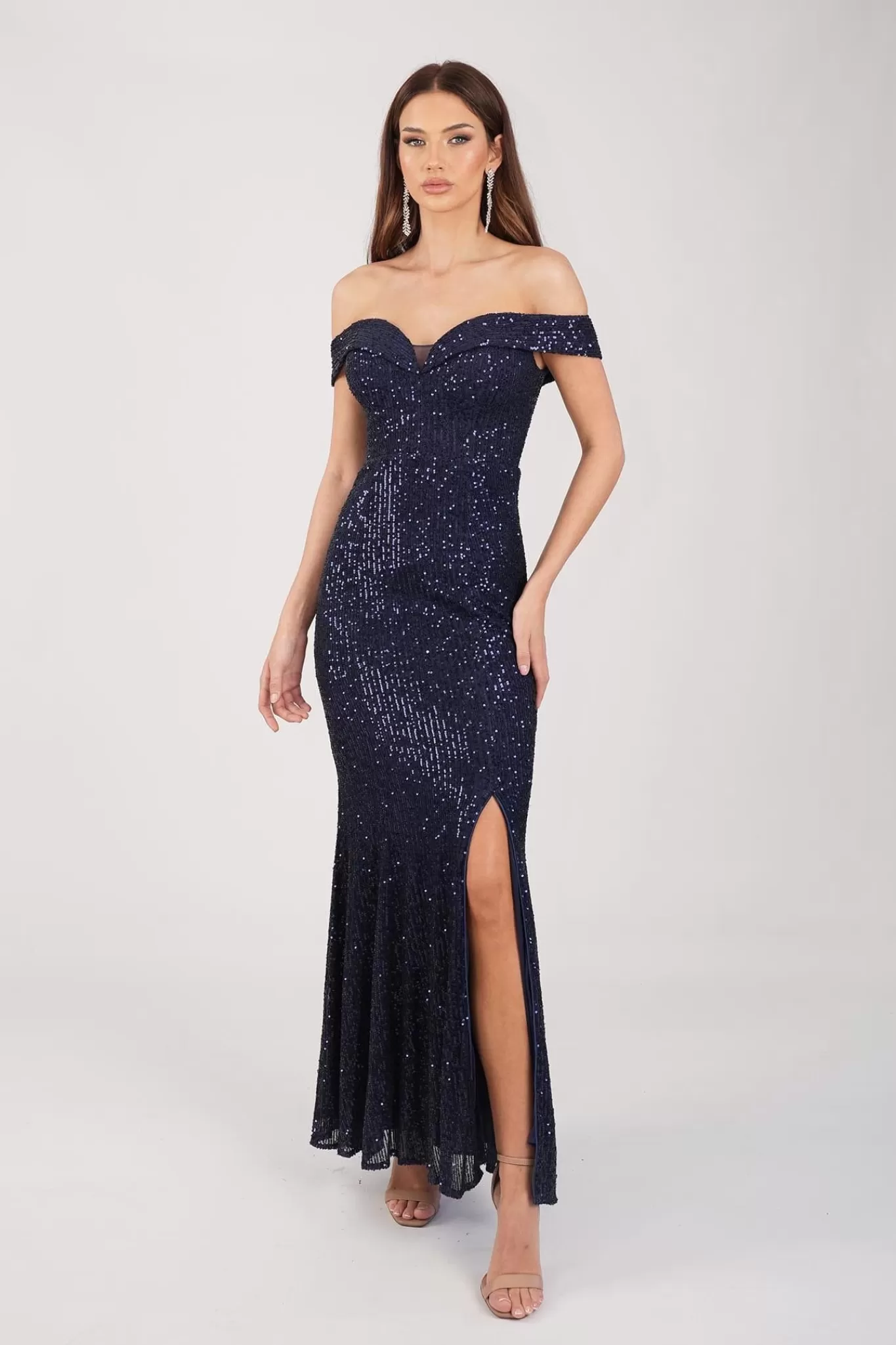 Women Hot Pink Dresses | Black Tie Dresses>Astrid Off Shoulder Sequin Maxi Dress - Navy