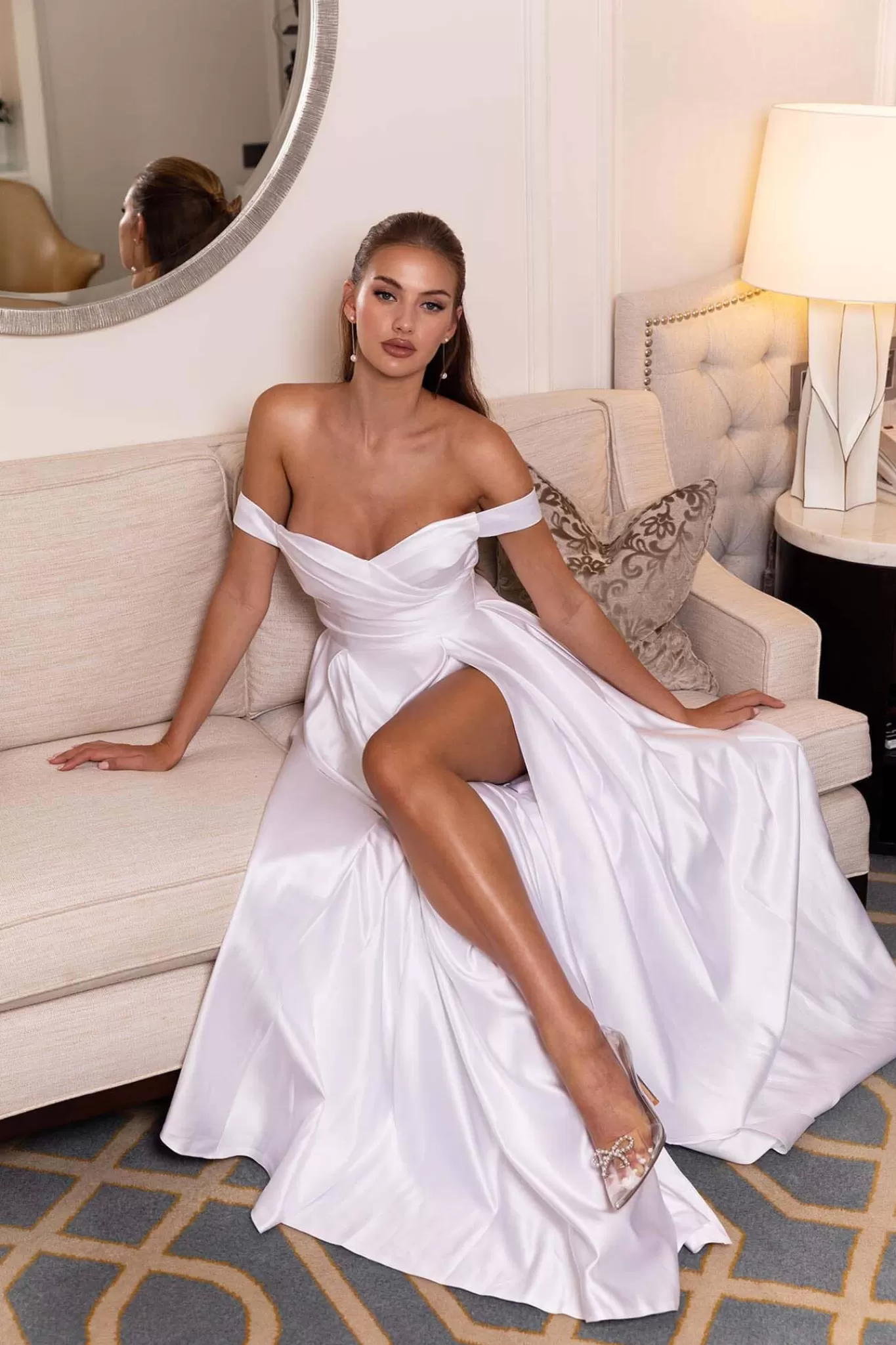 Women NBLUXE Plus Size | Dresses>AUDREY Off-Shoulder A-line Satin Gown - White