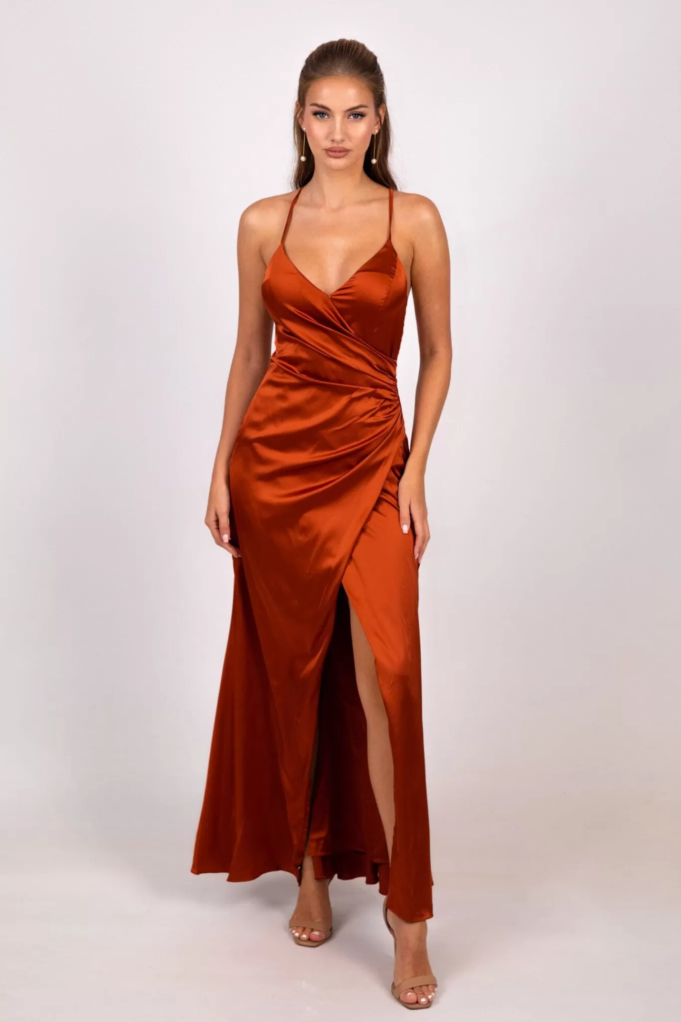 Women Hot Pink Dresses | Black Tie Dresses>BELINDA Satin Maxi Dress - Burnt Orange