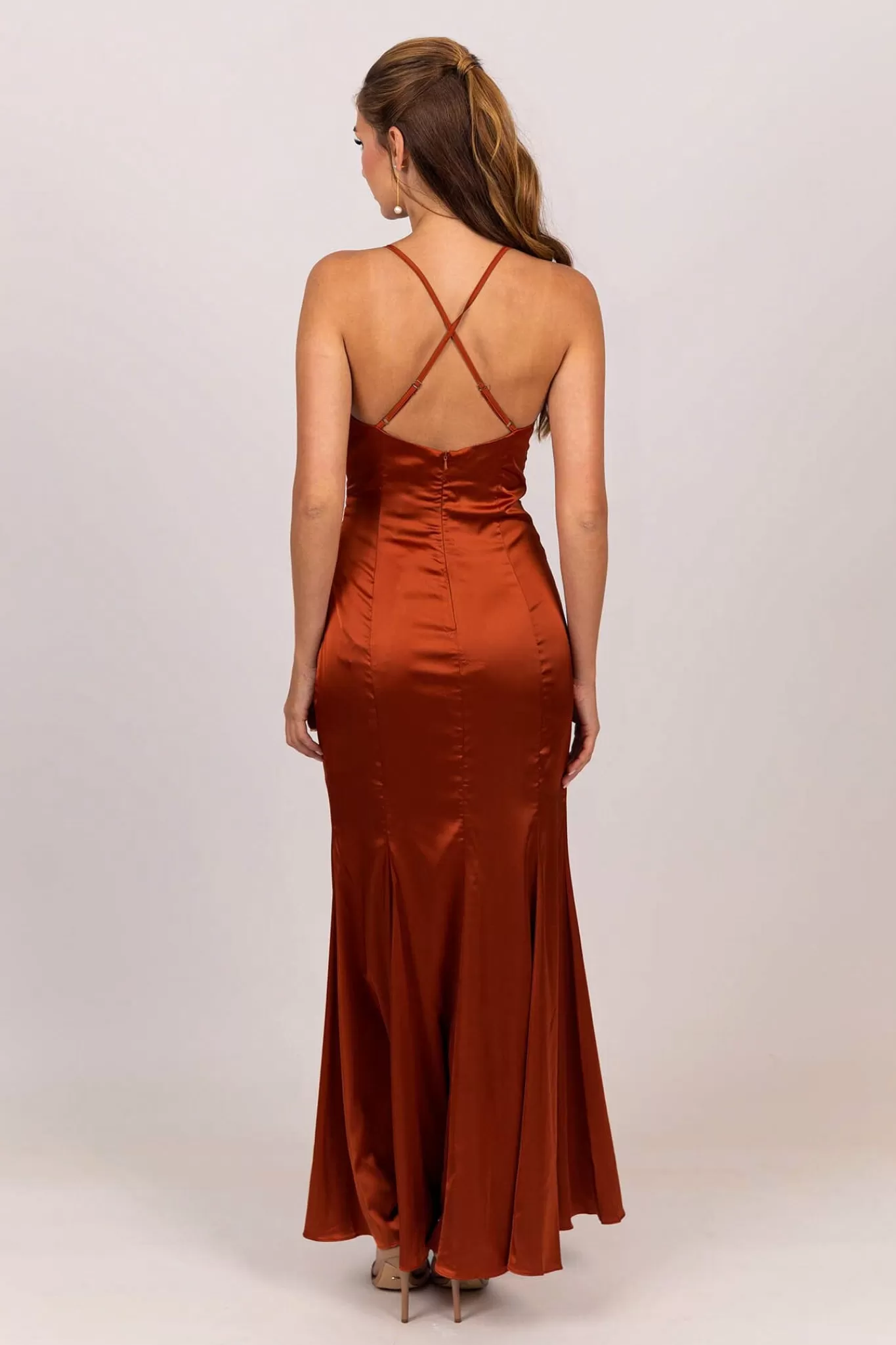 Women Hot Pink Dresses | Black Tie Dresses>BELINDA Satin Maxi Dress - Burnt Orange