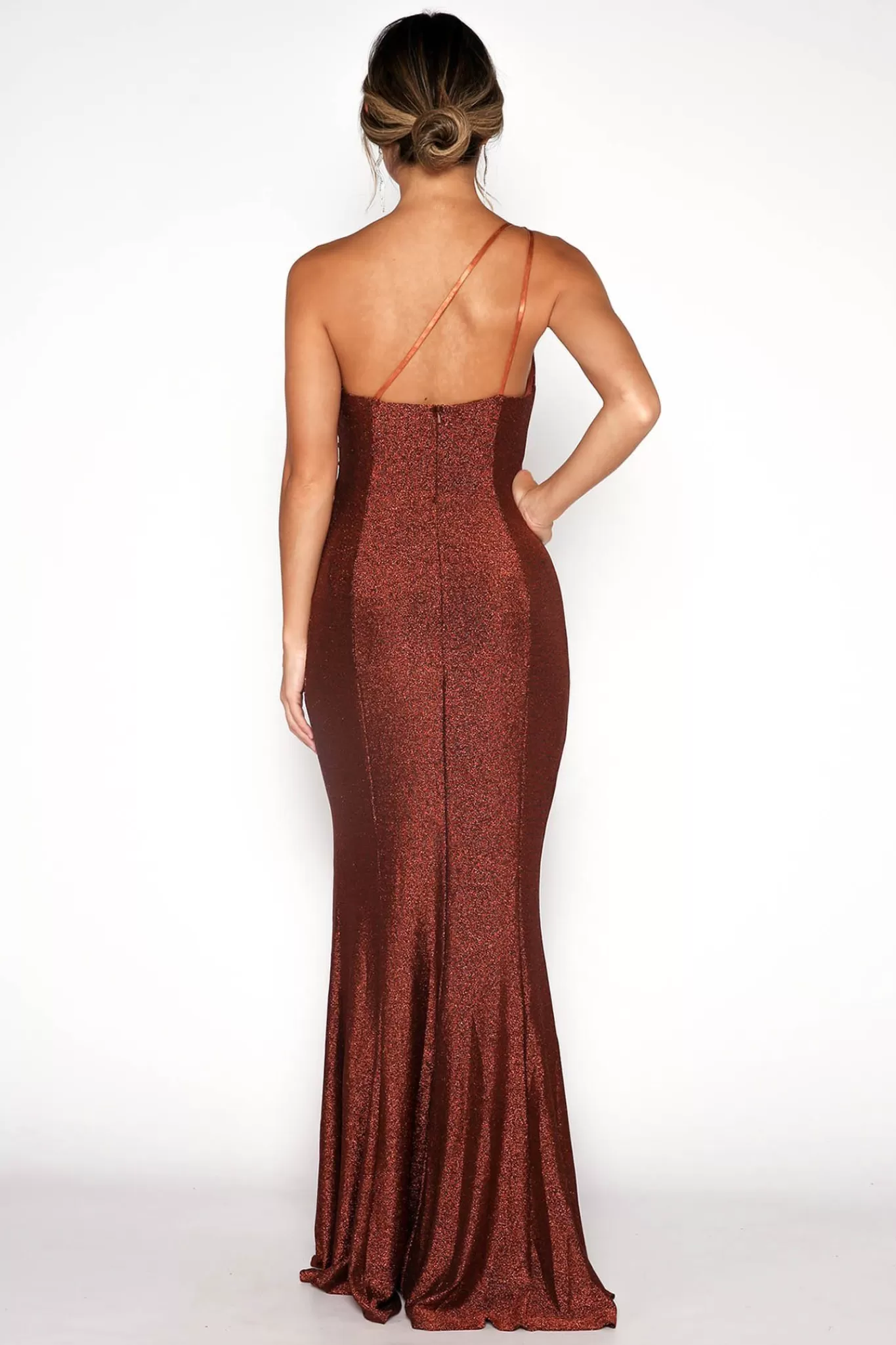 Women Hot Pink Dresses | Backless Dresses>CALI One Shoulder Maxi Dress - Shimmer Copper