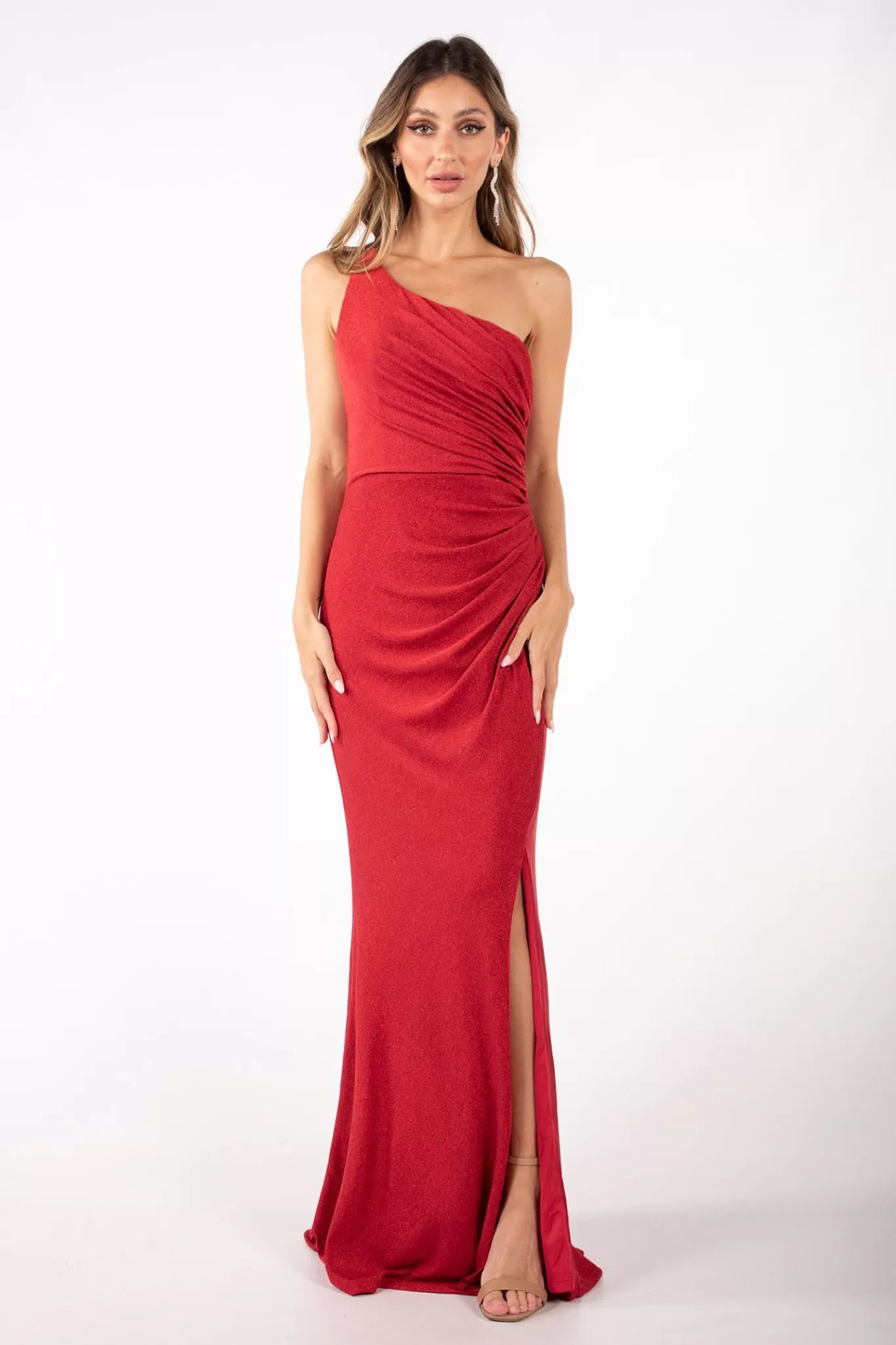 Women Hot Pink Dresses | Backless Dresses>CALI One Shoulder Maxi Dress - Shimmer Red