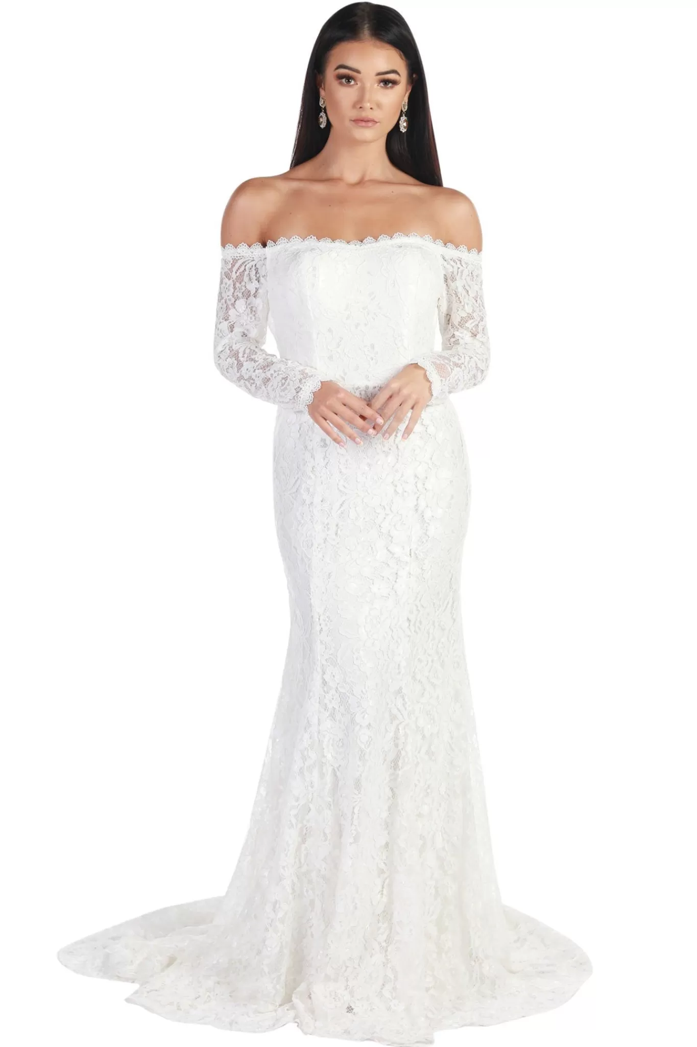 Women NBLUXE Dresses | Lace Dresses>Caroline Off The Shoulder Long Sleeve Lace Gown - White