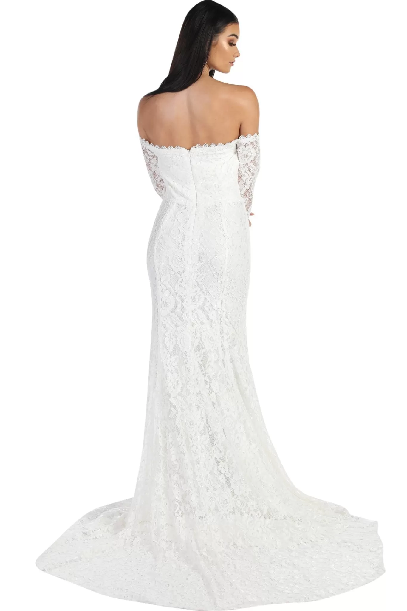 Women NBLUXE Dresses | Lace Dresses>Caroline Off The Shoulder Long Sleeve Lace Gown - White