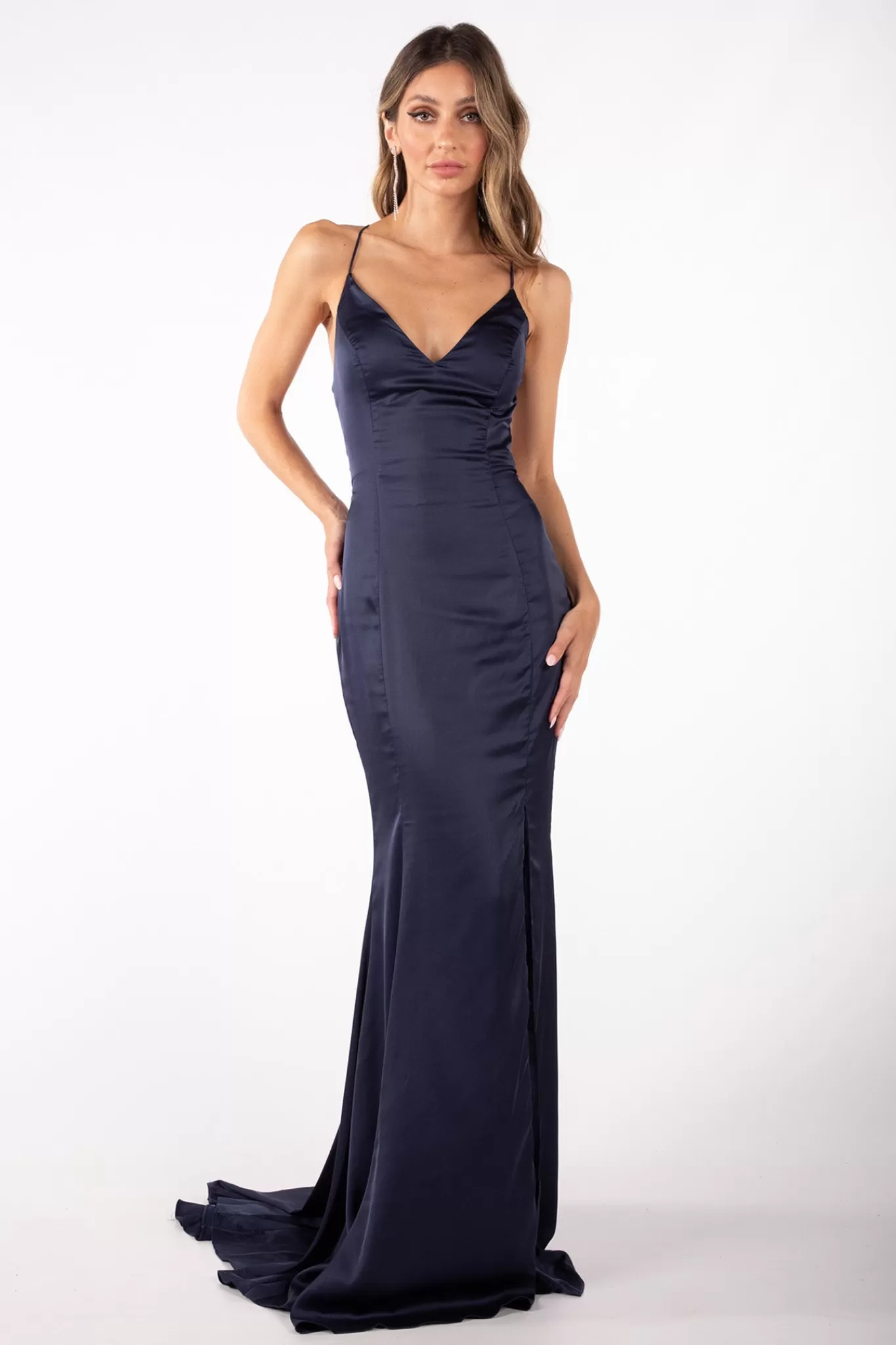 Women Hot Pink Dresses | Backless Dresses>CIARA Lace Up Back Front Slit Satin Gown - Navy