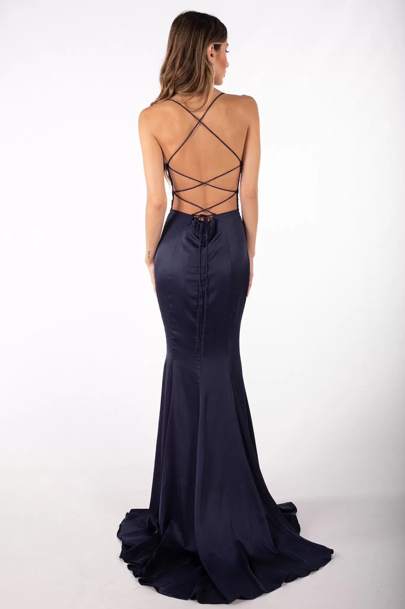 Women Hot Pink Dresses | Backless Dresses>CIARA Lace Up Back Front Slit Satin Gown - Navy