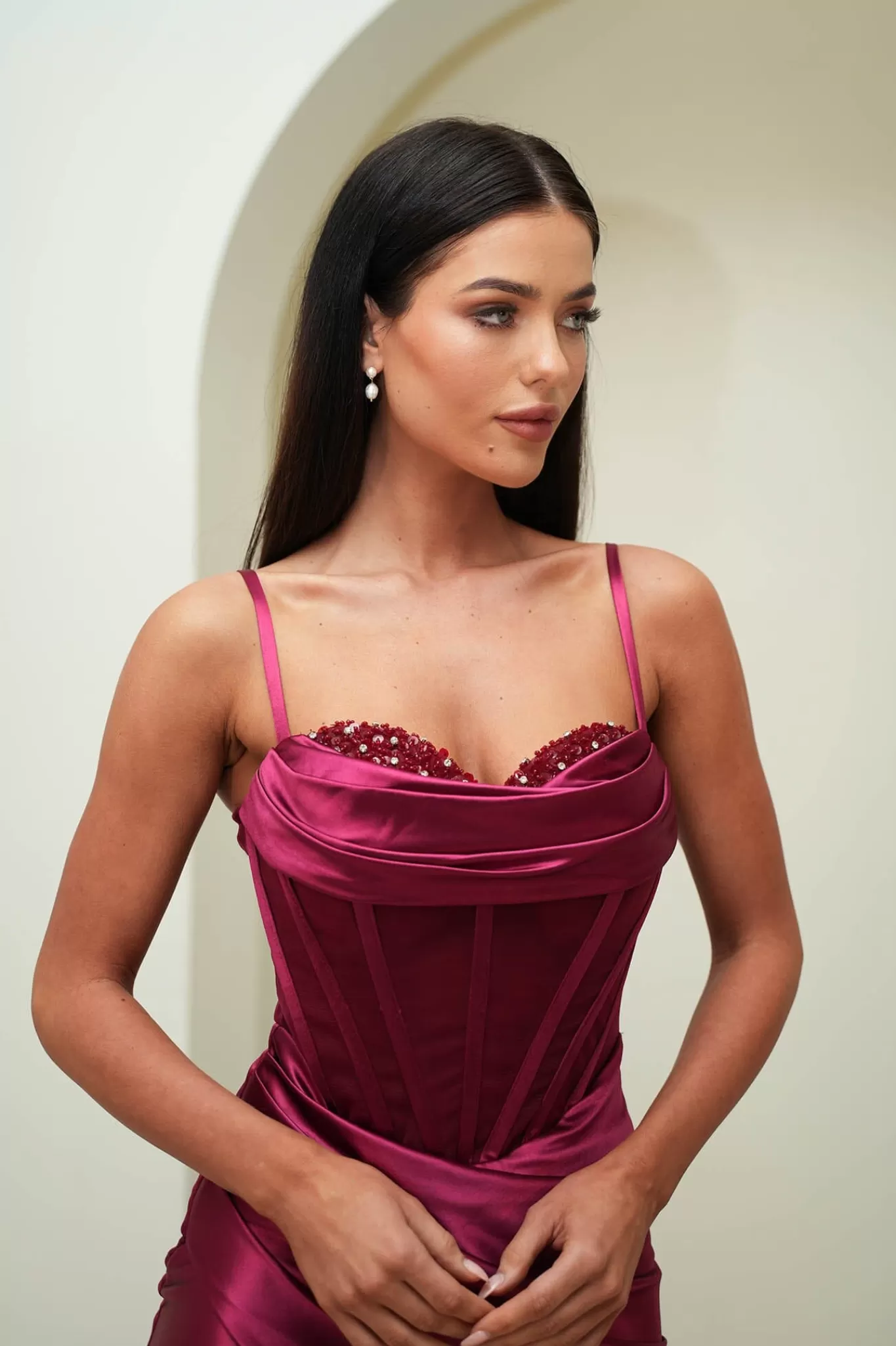 Women NBLUXE Dresses | Black Tie Dresses>CRYSTAL Corset Gown - Burgundy