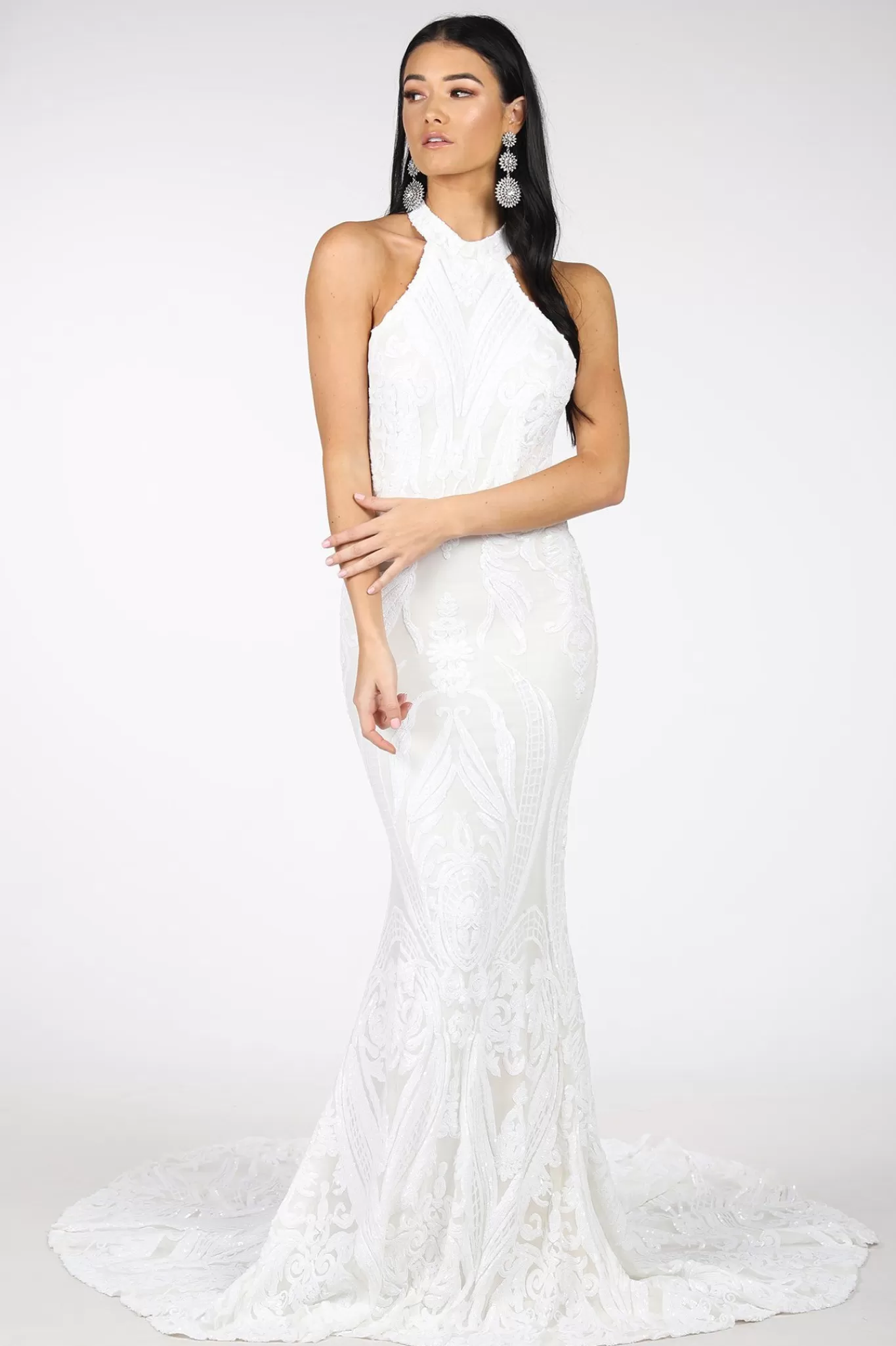 Women NBLUXE Dresses | Black Tie Dresses>Delilah High Neck Pattern Sequin Gown - White