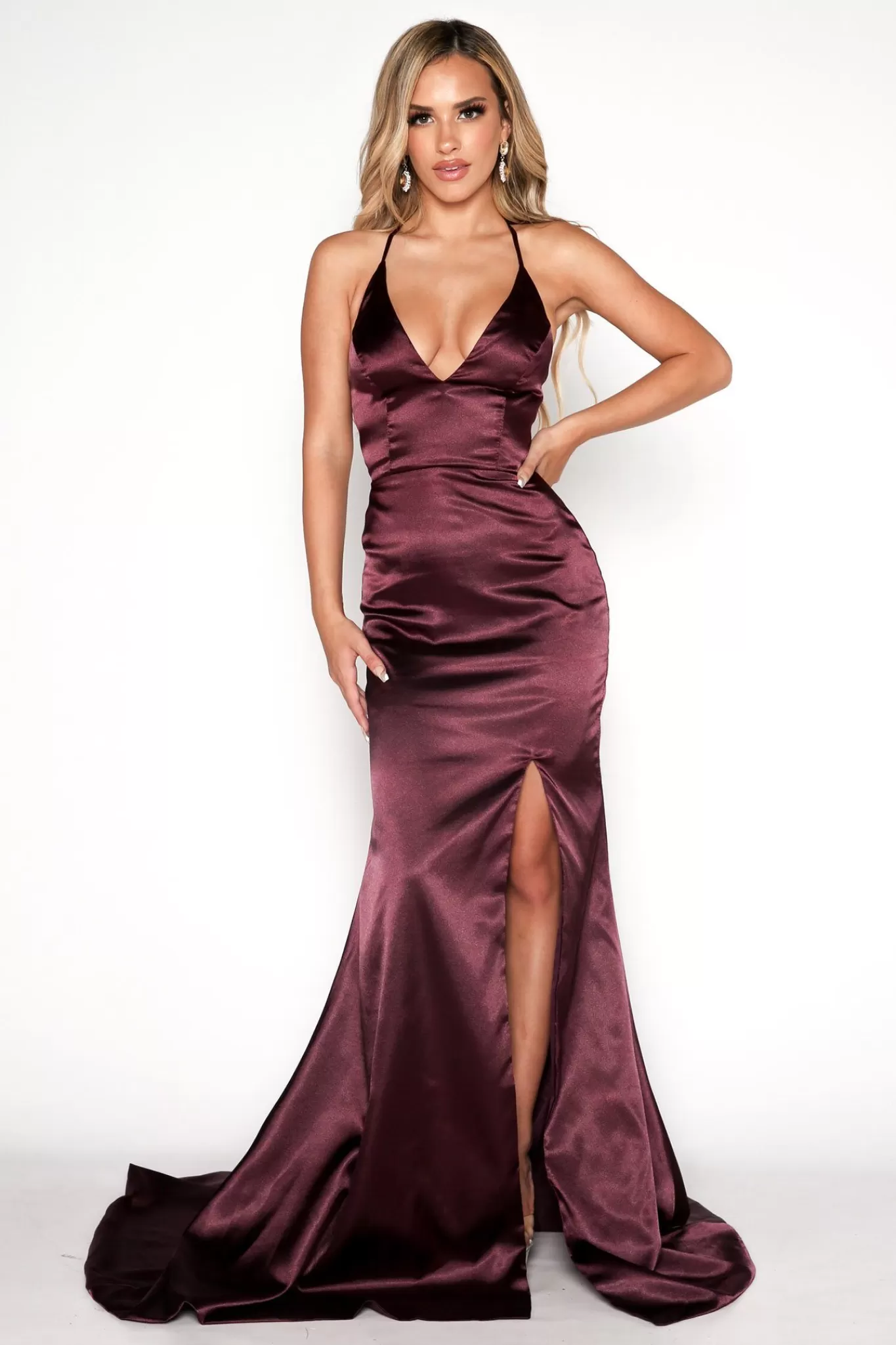 Women NBLUXE Dresses | Backless Dresses>ELECTRA Lace Up Back Front Slit Satin Gown - Plum