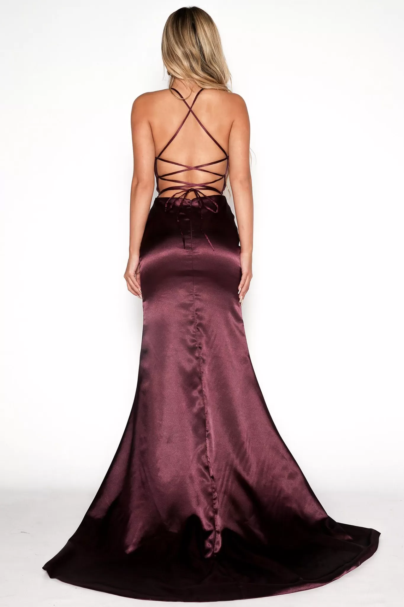 Women NBLUXE Dresses | Backless Dresses>ELECTRA Lace Up Back Front Slit Satin Gown - Plum