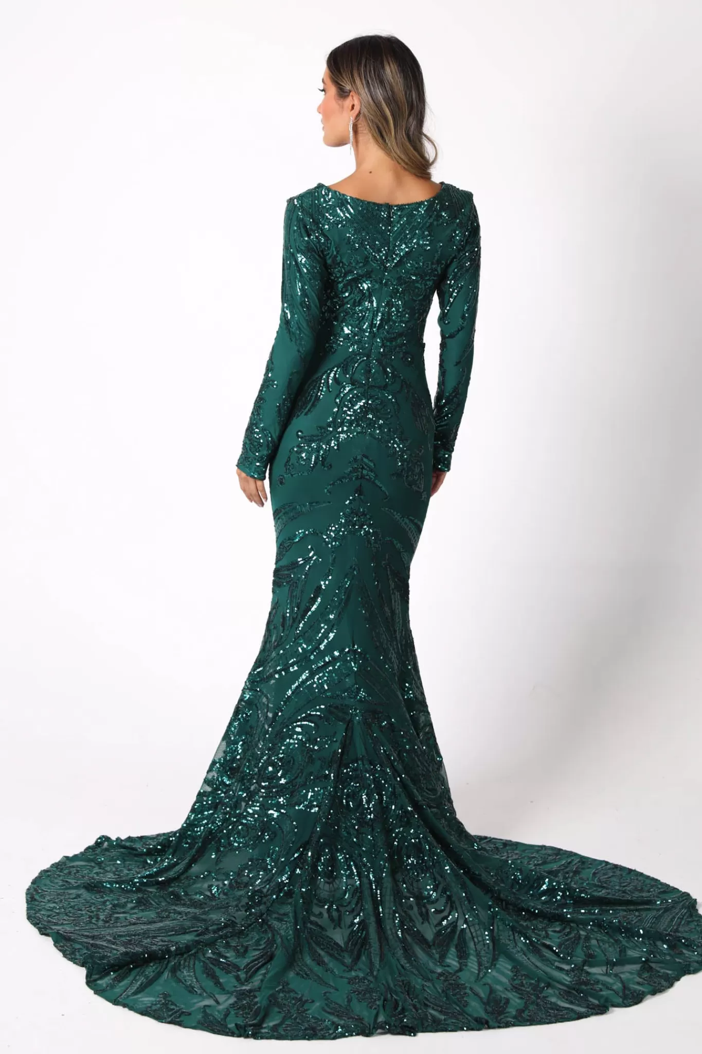 Women NBLUXE Black Tie Dresses | Plus Size>Elena Long-Sleeve Pattern Sequin Gown - Emerald