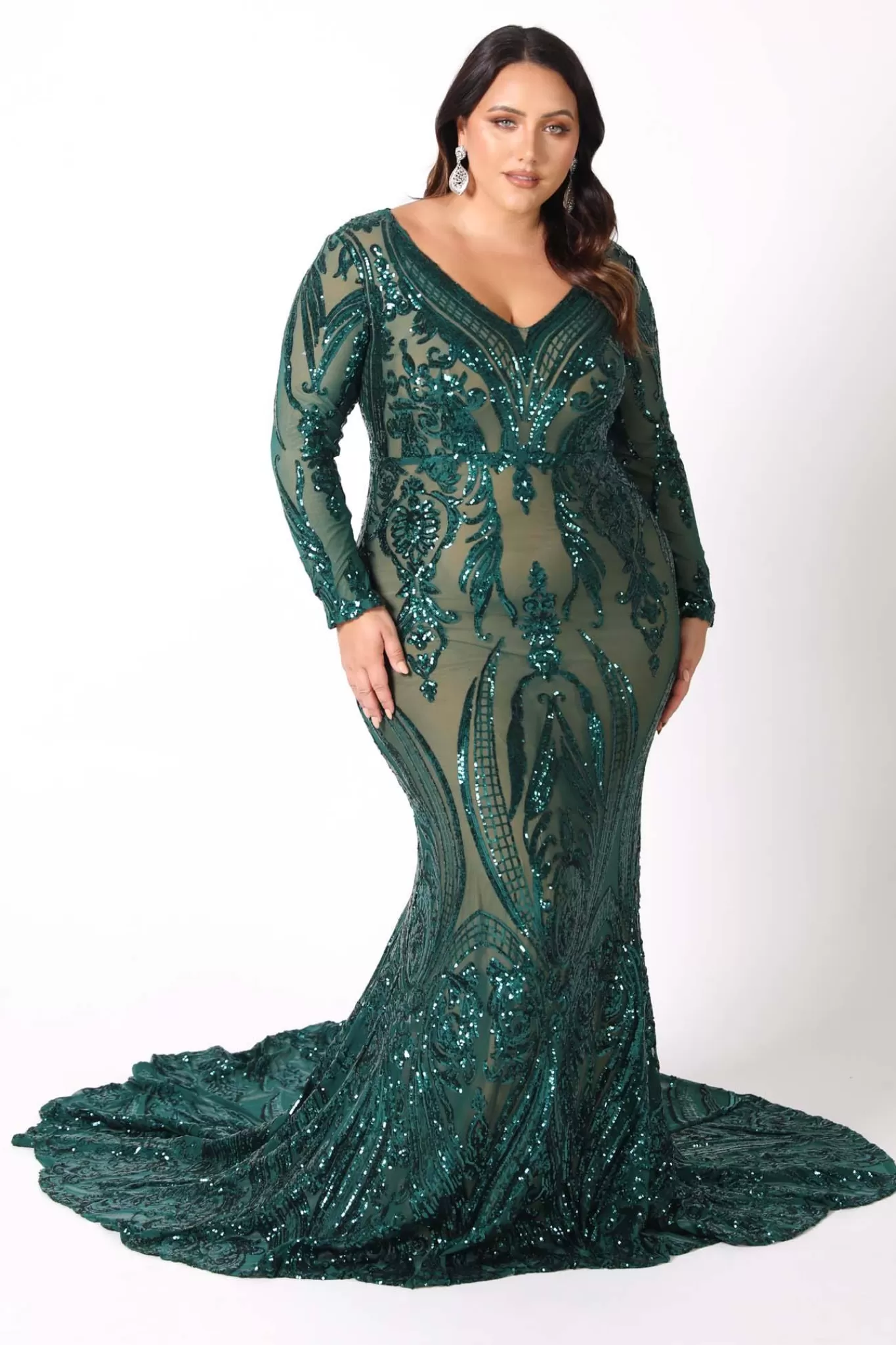 Women NBLUXE Dresses | Black Tie Dresses>Elena Long-Sleeve Pattern Sequin Gown - Emerald/Nude