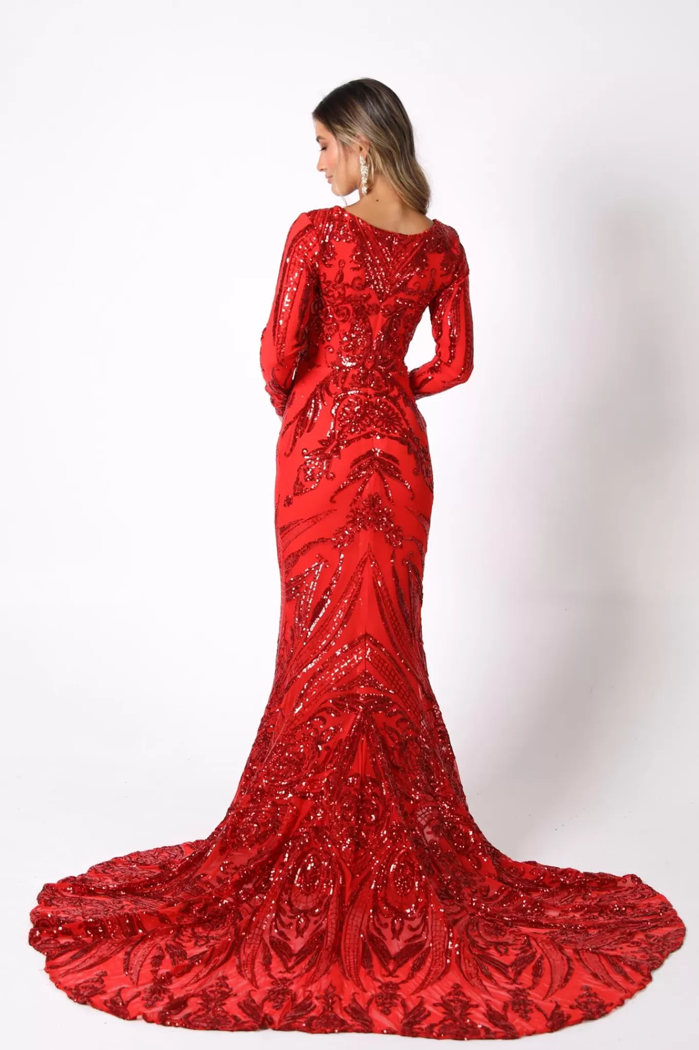 Women NBLUXE Dresses | Black Tie Dresses>Elena Long-Sleeve Pattern Sequin Gown - Red