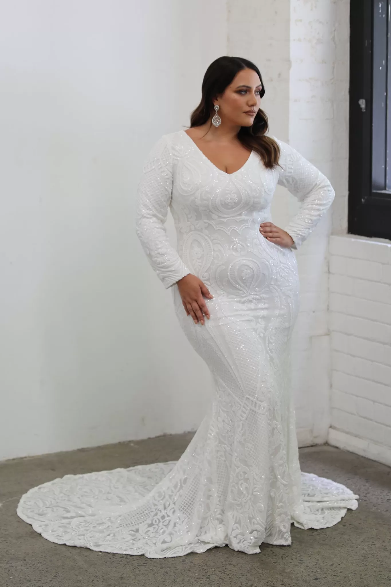 Women NBLUXE Dresses | Black Tie Dresses>Elena Long-Sleeve Pattern Sequin Gown - White/White