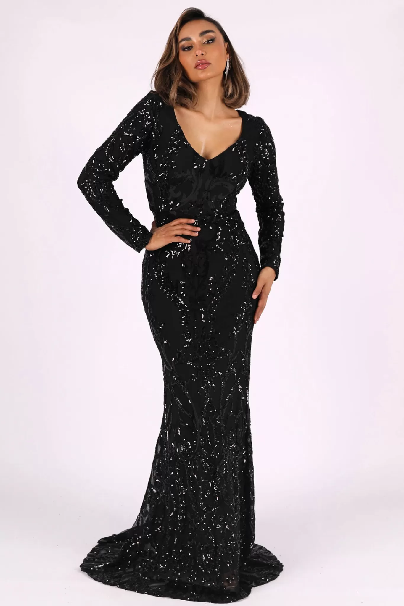 Women NBLUXE Dresses | Black Tie Dresses>Elena Long-Sleeve Pattern Sequin Gown (NO Train) - Black