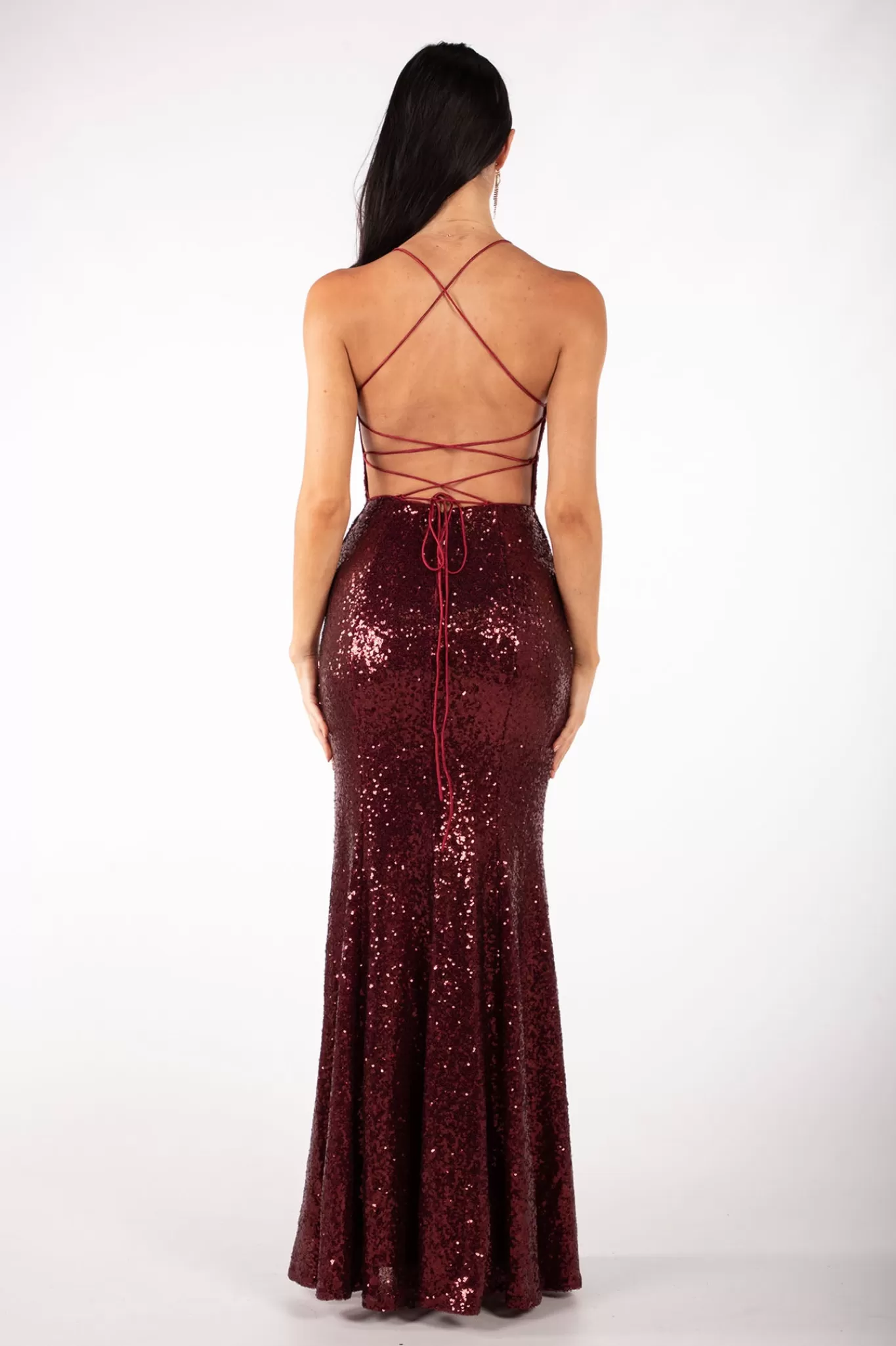 Women Hot Pink Dresses | Backless Dresses>Fresia Lace Up Sequin Gown - Burgundy