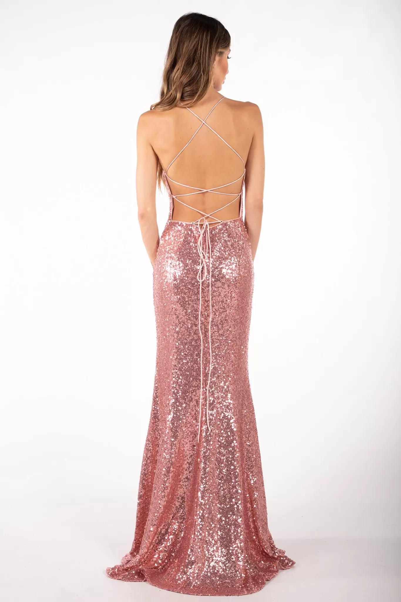 Women Hot Pink Dresses | Backless Dresses>Fresia Lace Up Sequin Gown - Pink