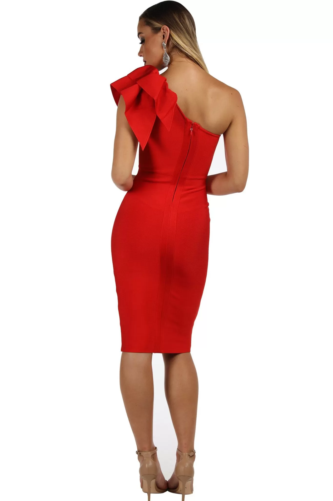 Women Noodz Boutique Dresses | Bandage Dresses>Freya One Shoulder Ruffle Dress - Red (XS - Clearance Sale)