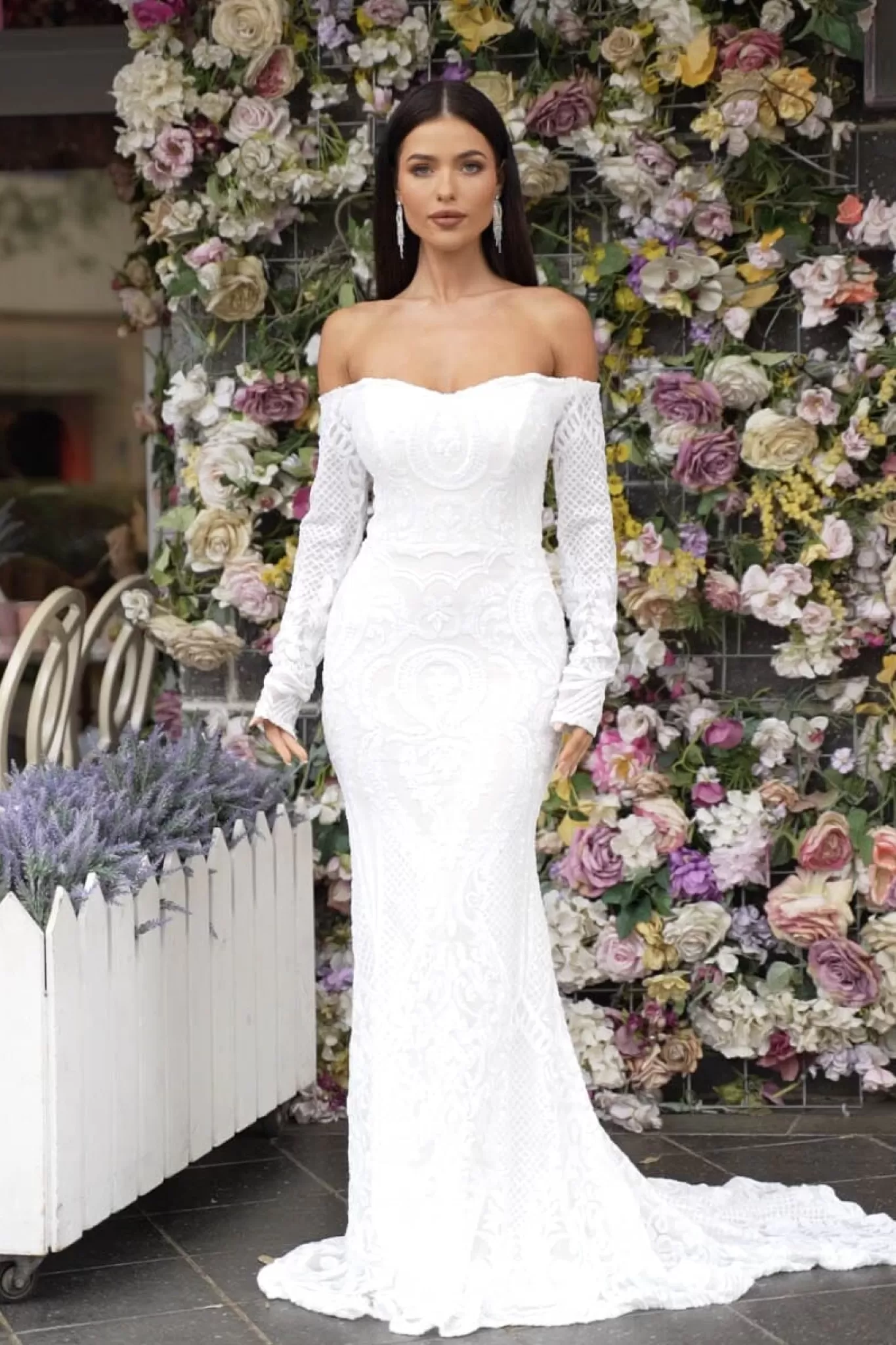 Women NBLUXE Dresses | Black Tie Dresses>Gianna Off-Shoulder Long Sleeve Gown - White/White