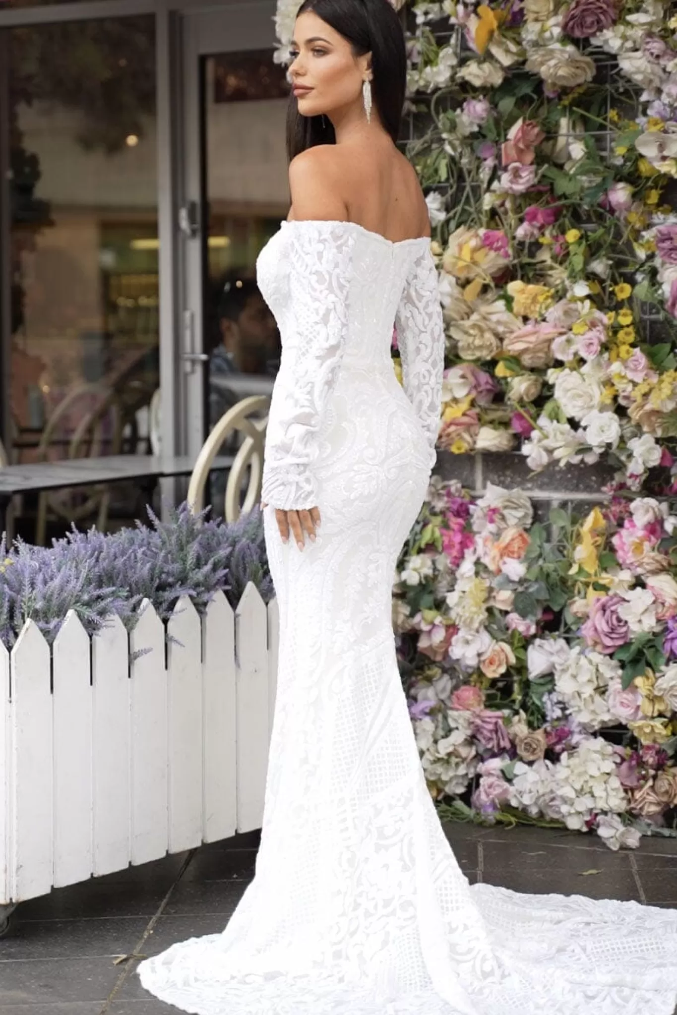 Women NBLUXE Dresses | Black Tie Dresses>Gianna Off-Shoulder Long Sleeve Gown - White/White