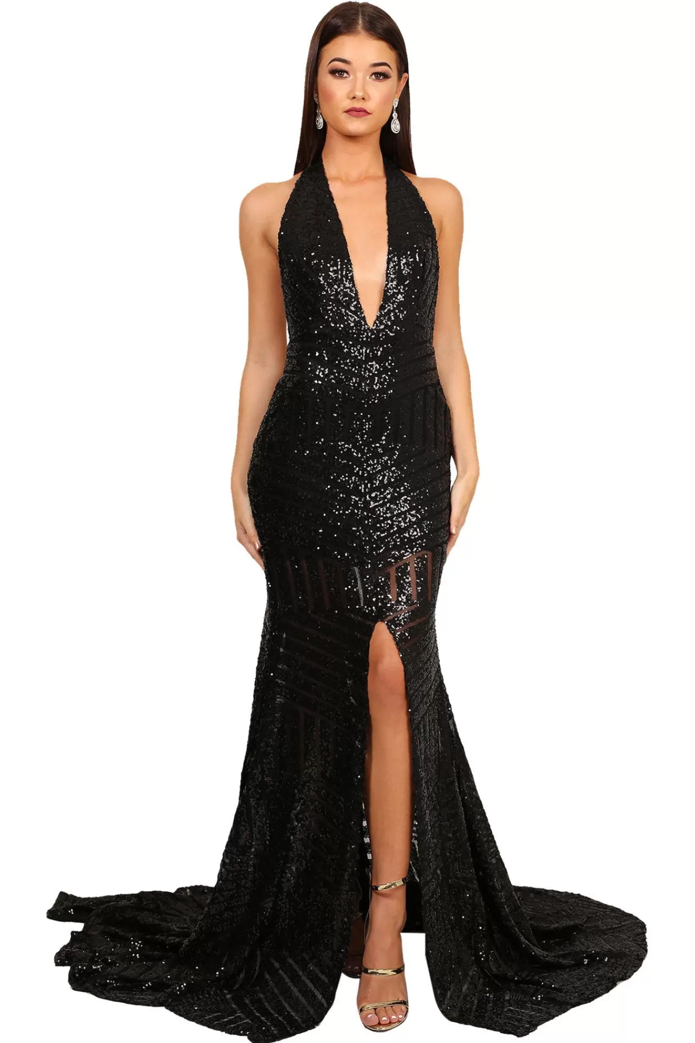 Women NBLUXE Formal Dresses | Dresses>Goddess Geometric Sequin Gown - Black