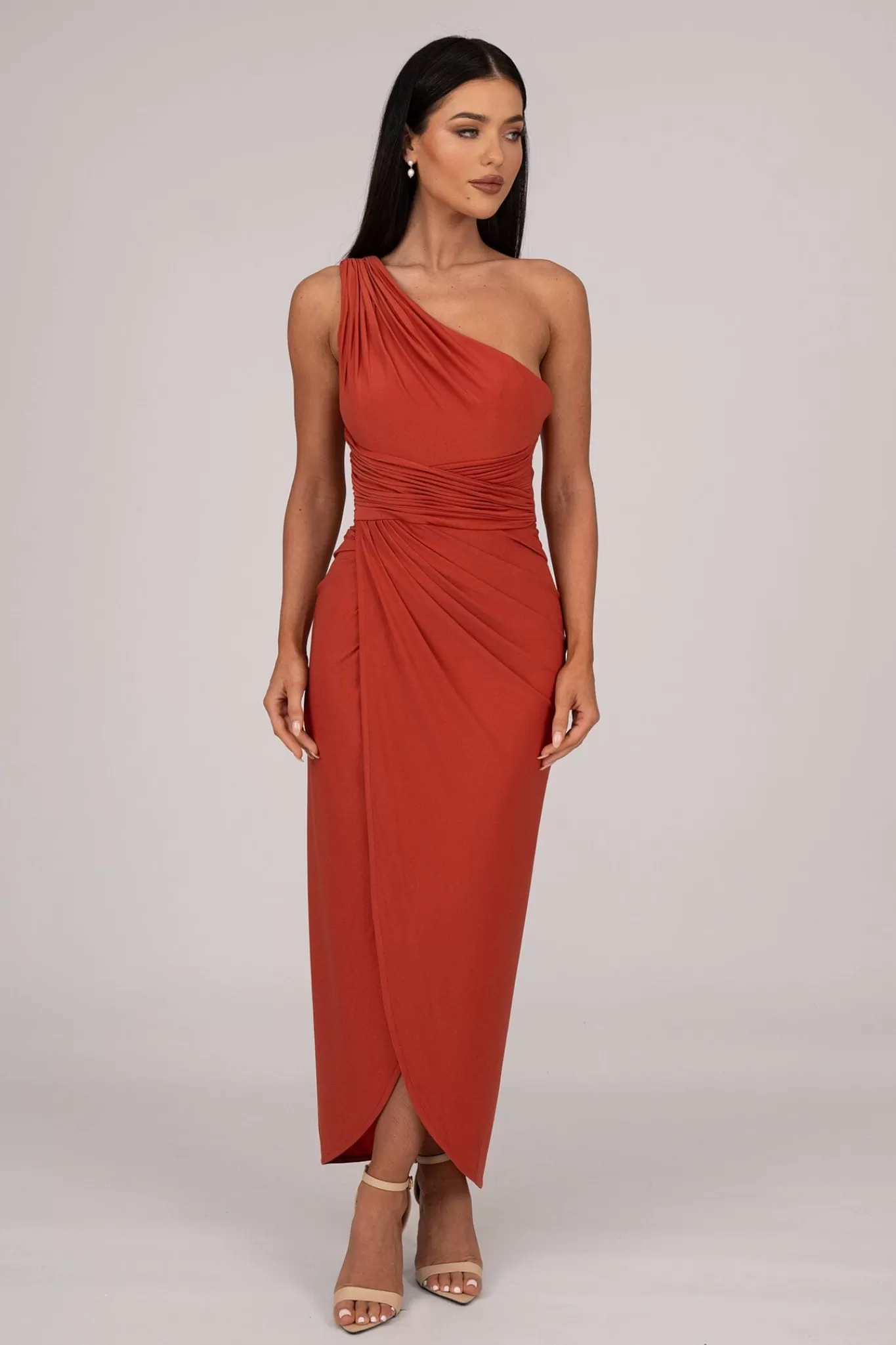 Women Hot Pink Dresses | Black Tie Dresses>Hayden One Shoulder Midi Dress - Burnt Orange